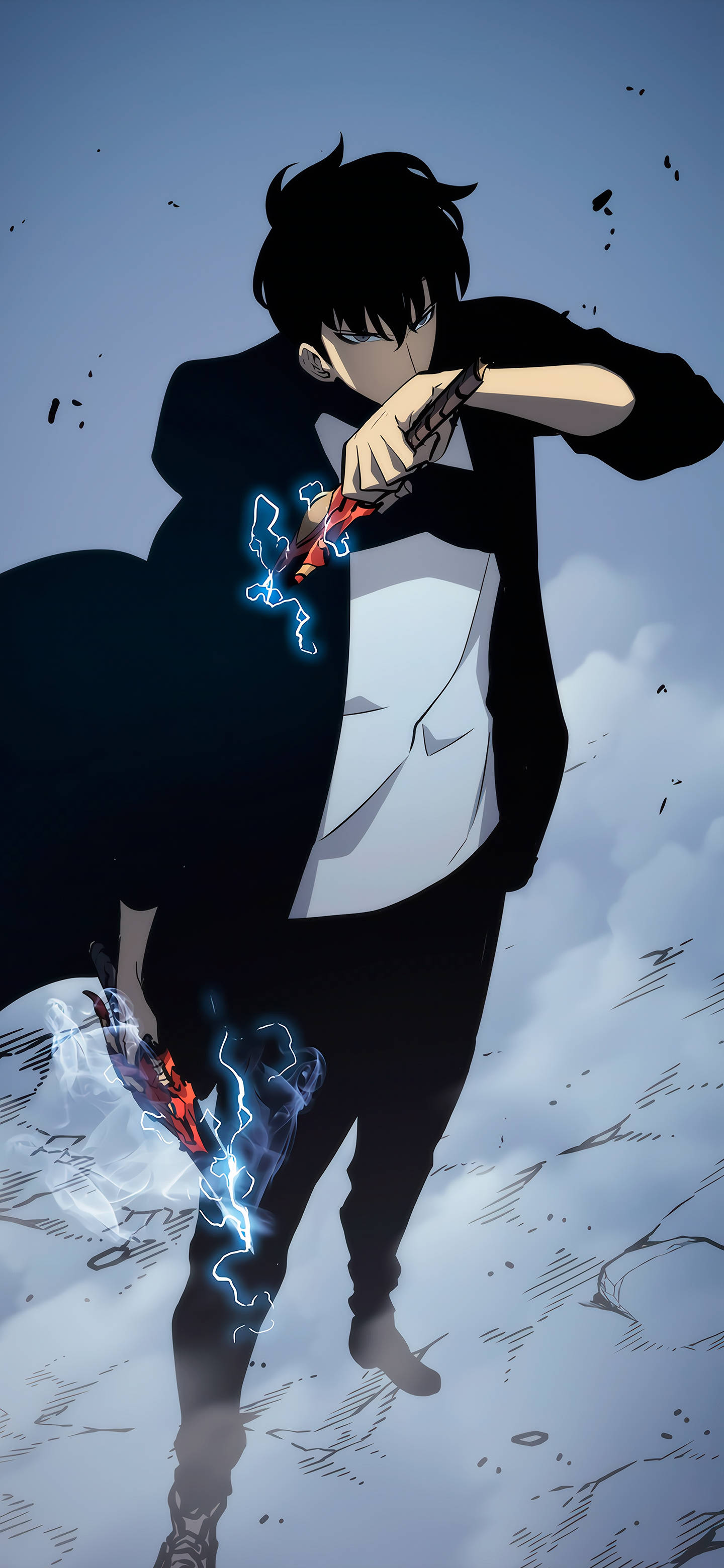 《我獨自升級》Jin-Woo武器 壁紙 — 一個黑髮動漫男孩穿著黑色西裝，揮舞著發光的紅色刀刃，刀刃上閃爍著藍色閃電，背景是暴風雨的天空。
