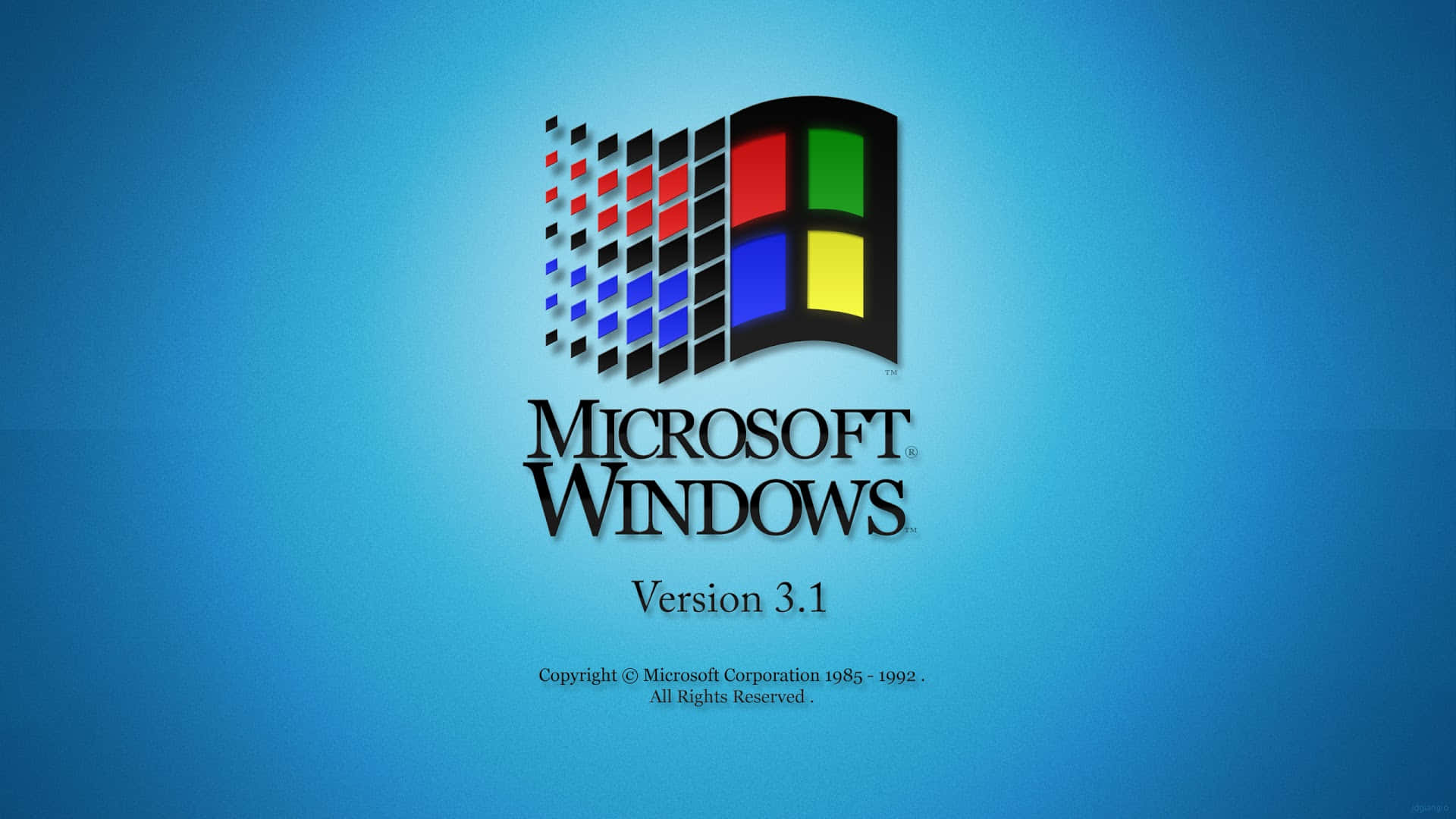 Microsoft Windows 3.1 標誌，帶有像素化視窗，置於藍色漸變背景上。