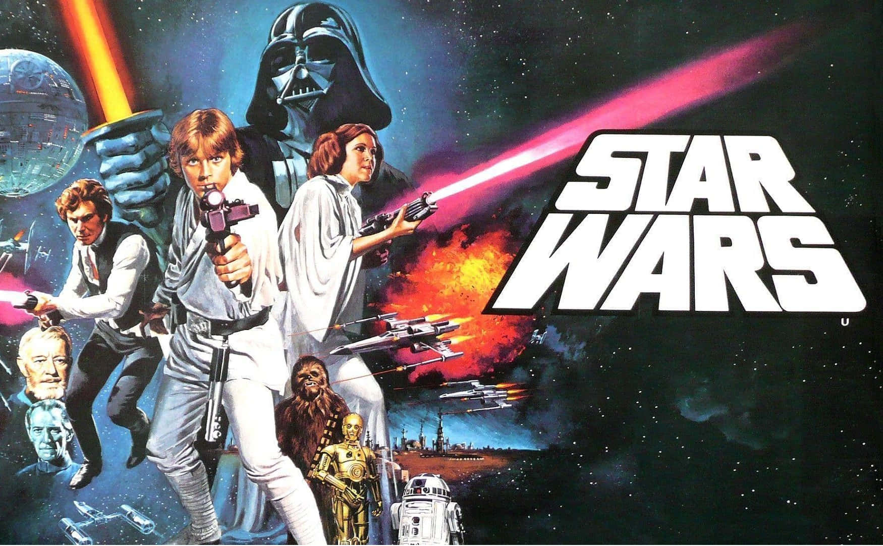  壁紙 — 經典星戰海報 featuring Luke、Leia、Han Solo 和 Darth Vader 在太空戰鬥中，伴有激光射擊和星艦。