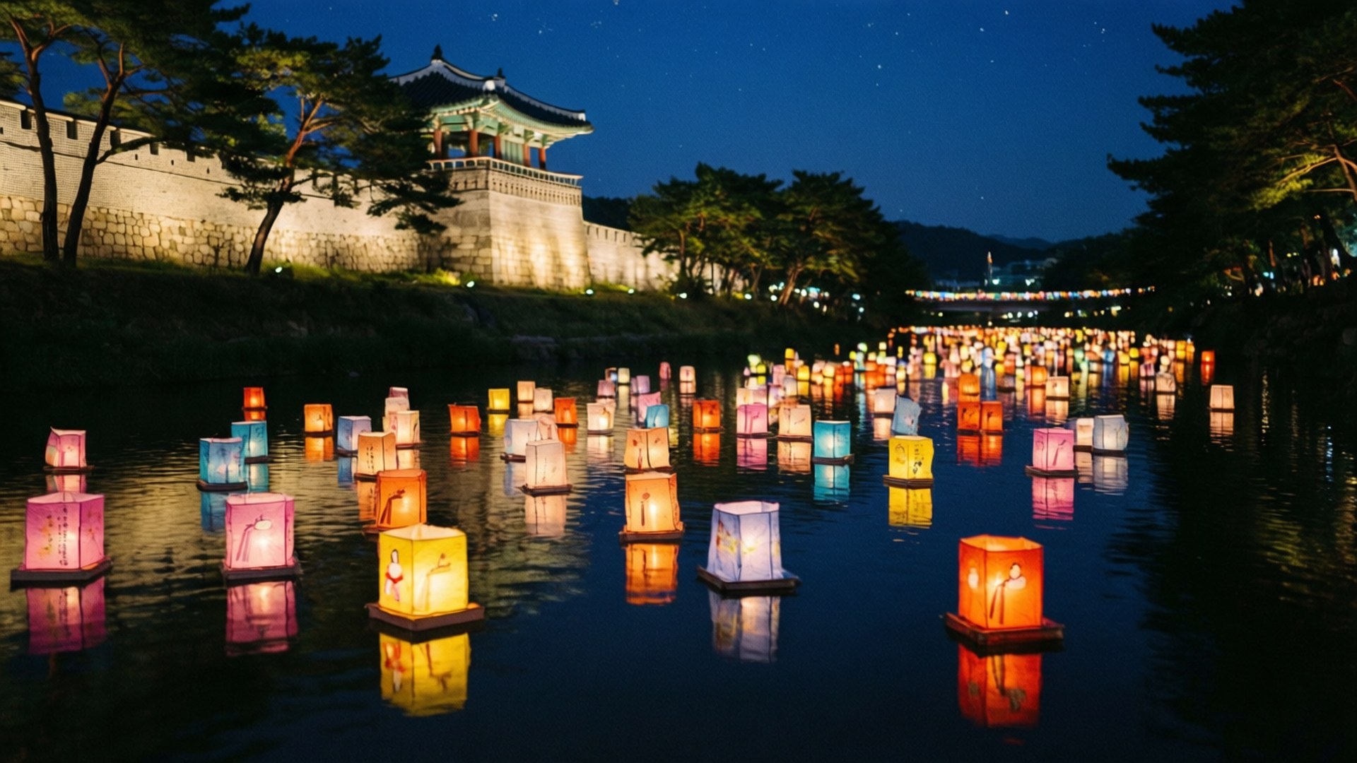 數百盞發光的燈籠在夜間漂浮在歷史堡壘附近的水面上。
