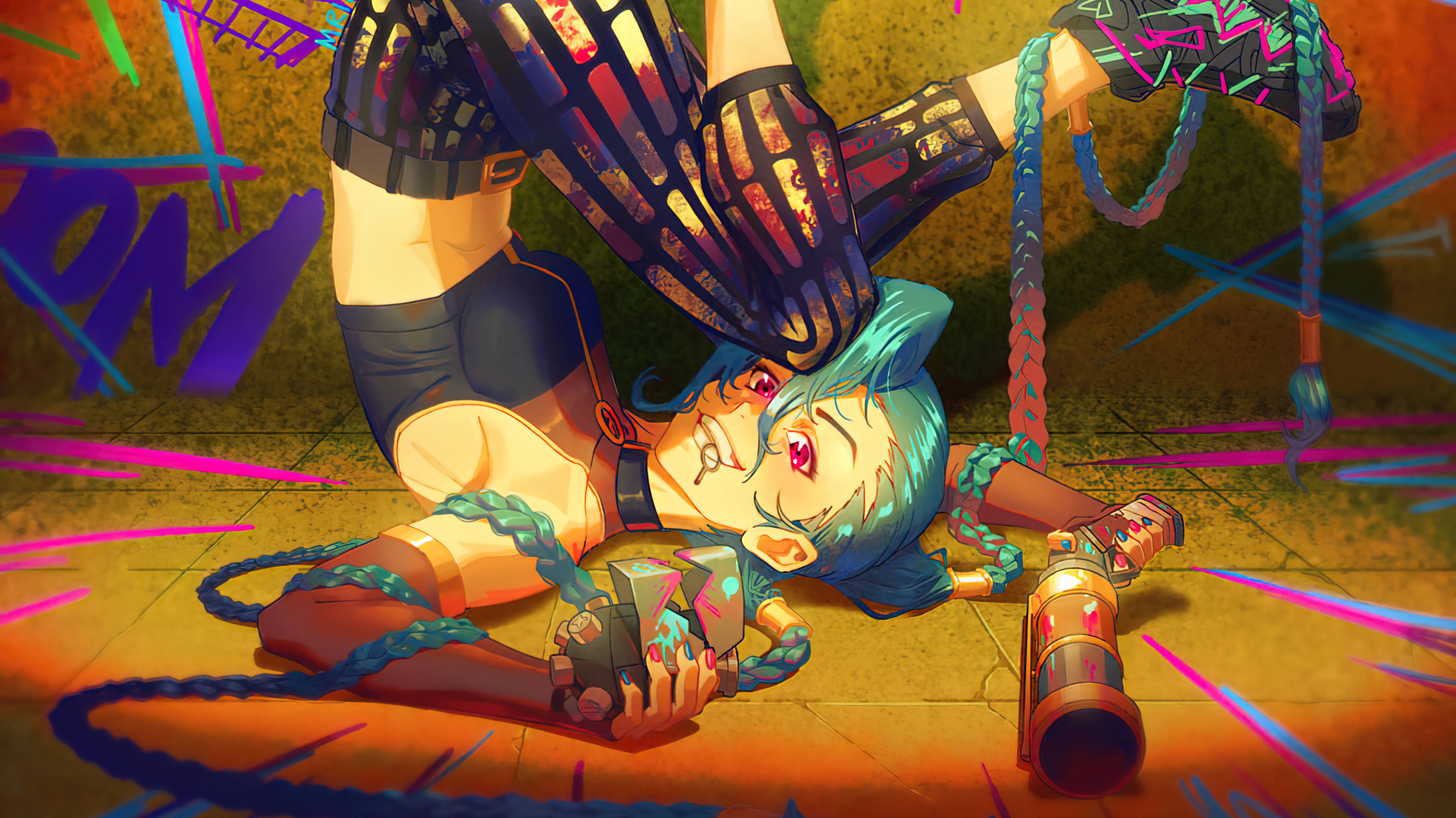 Jinx《Arcane》倒立舞姿 壁紙 — 一個風格化的動漫女孩，藍色頭髮和機械肢體，躺在一個佈滿霓虹塗鴉和發光繩索的粗糙地板上。