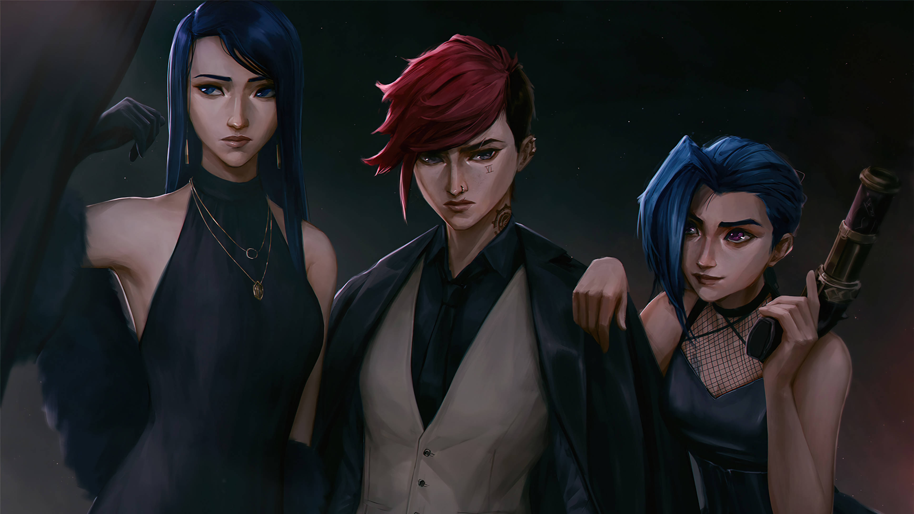 Jinx《Arcane》凱特琳、維、Jinx 壁紙 — 三個風格化的動漫角色，藍色和紅色頭髮，自信地站在黑暗的星空背景前。