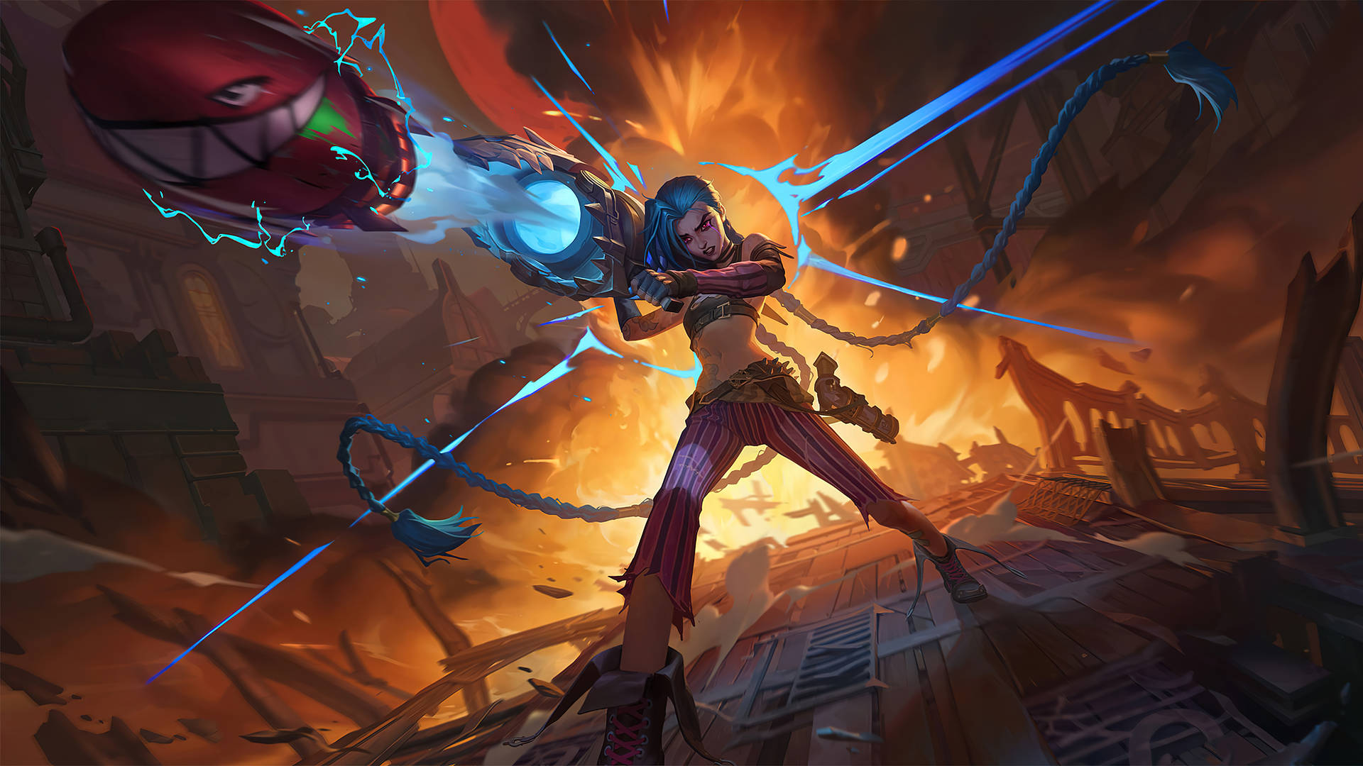 Jinx《Arcane》火箭轟炸 壁紙 — 一位兇猛的藍髮戰士在燃燒的廢墟中發射發光的大砲，伴隨著電藍色的能量軌跡。