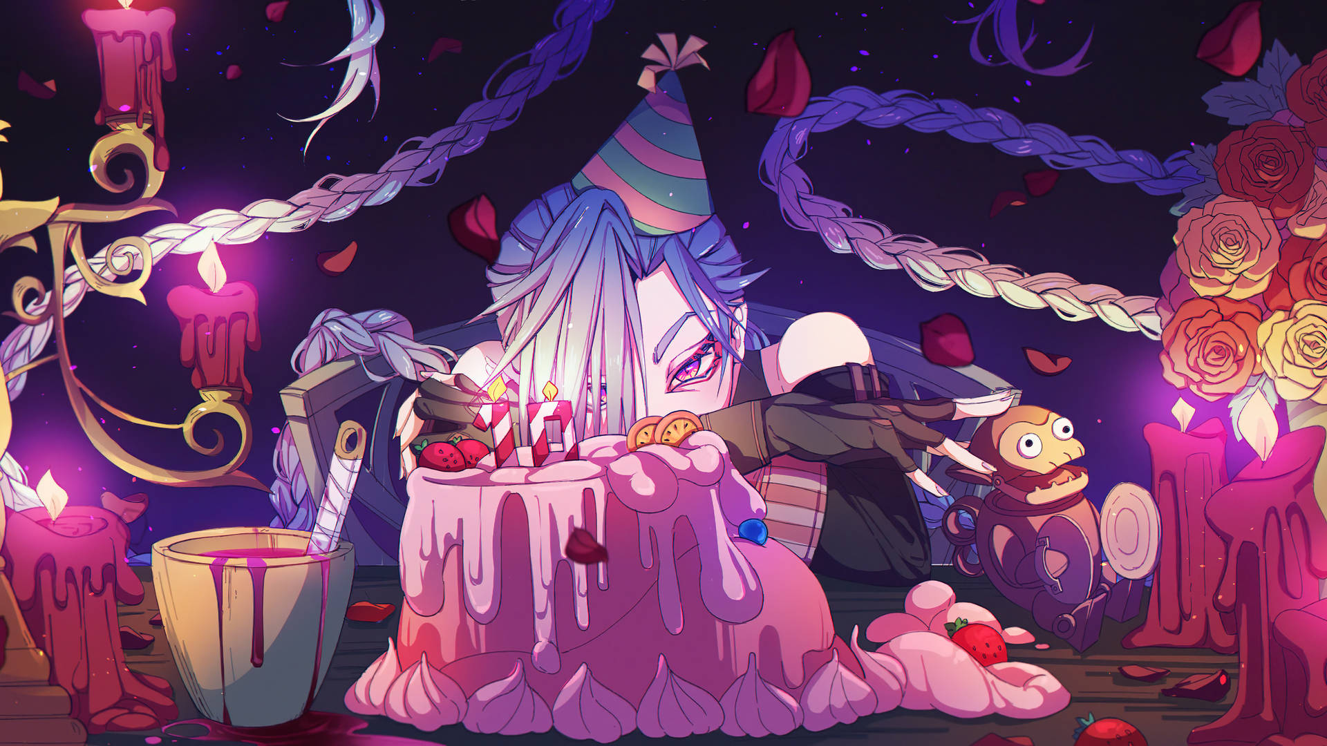 Jinx《Arcane》生日蛋糕 壁紙 — 一個風格化的動漫角色，藍色頭髮，戴著派對帽，俯身於一個粉紅色蛋糕上，蛋糕上有蠟燭，周圍環繞著玫瑰和滴落的蠟燭，背景陰暗而奇幻。