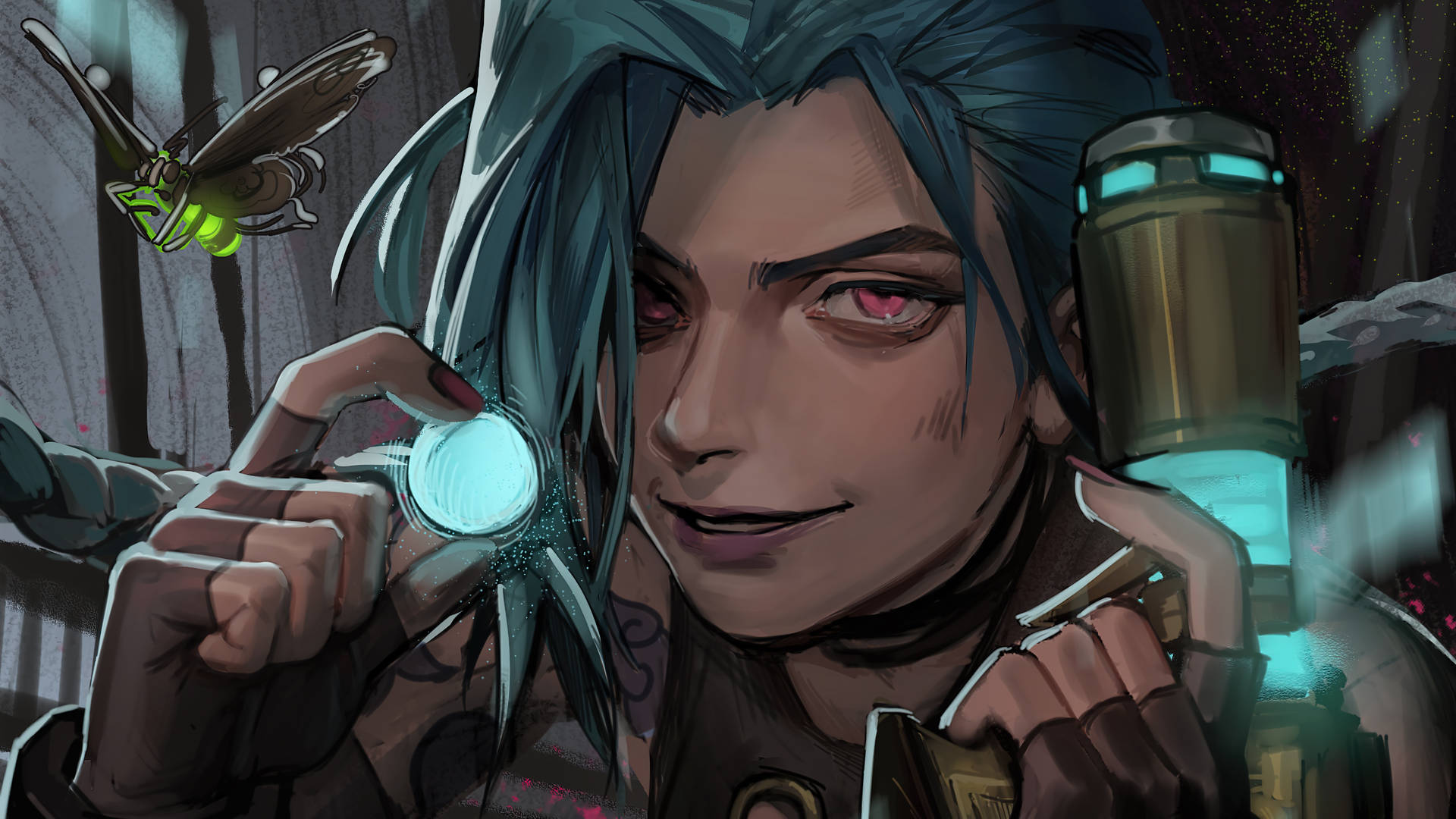 Jinx《Arcane》青綠水晶 壁紙 — 一個風格化的動漫角色，擁有青色頭髮和發光的粉紅色眼睛，手持一個發光球體，附近有一隻綠色昆蟲盤旋。
