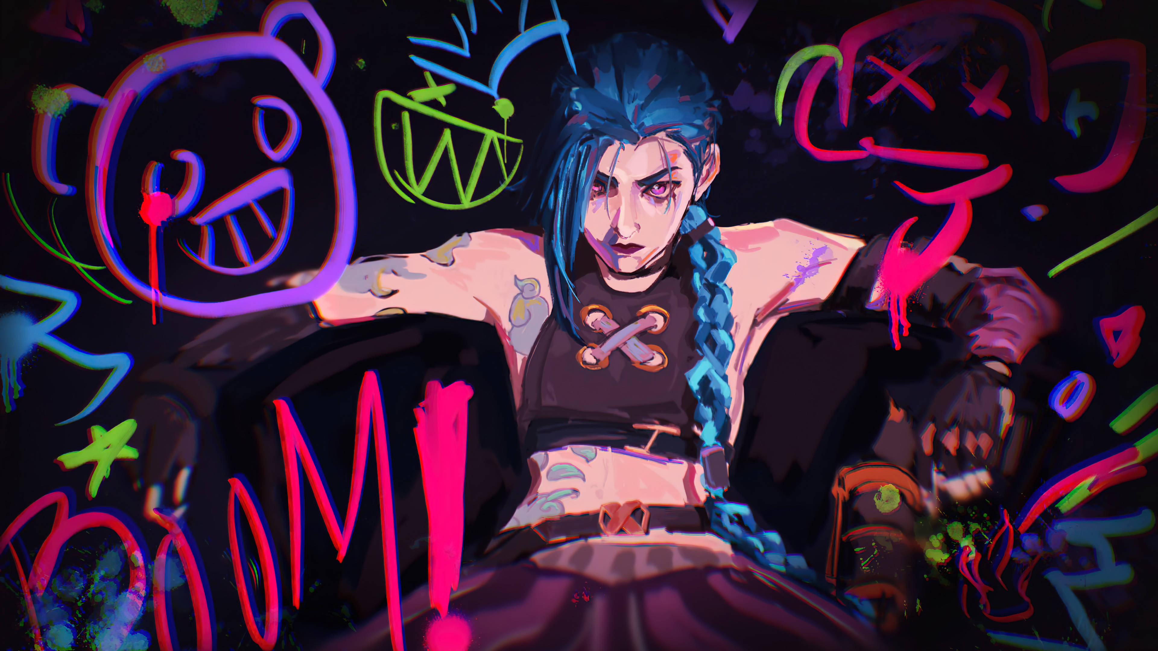Jinx《Arcane》飄浮霓虹塗鴉 壁紙 — 一個風格化的動漫角色，藍色辮子頭髮，坐在黑暗背景中充滿活力的霓虹塗鴉和卡通符號之間。