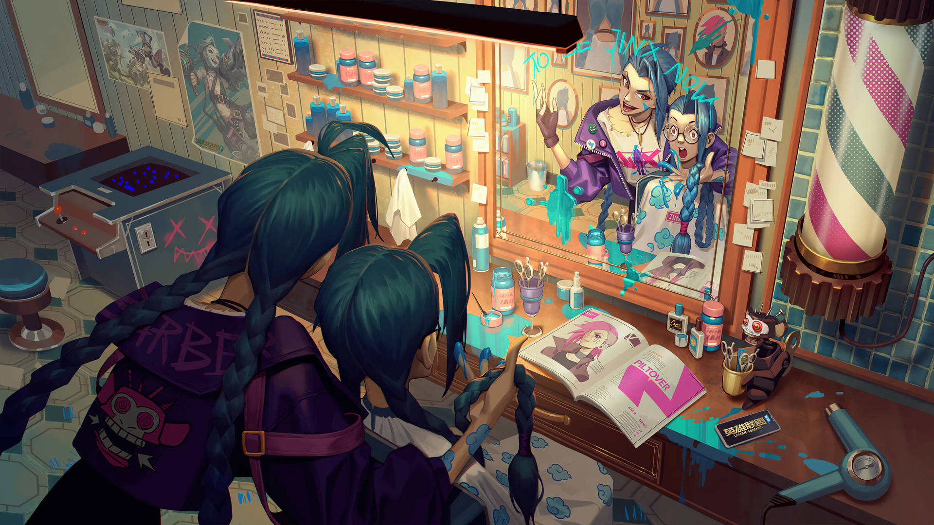 Jinx《Arcane》髮型理容 壁紙 — 兩位辮著青綠色辮子的動漫女孩，在一個雜亂而充滿活力的理髮店裡剪頭髮，店內有塗鴉和鏡子。