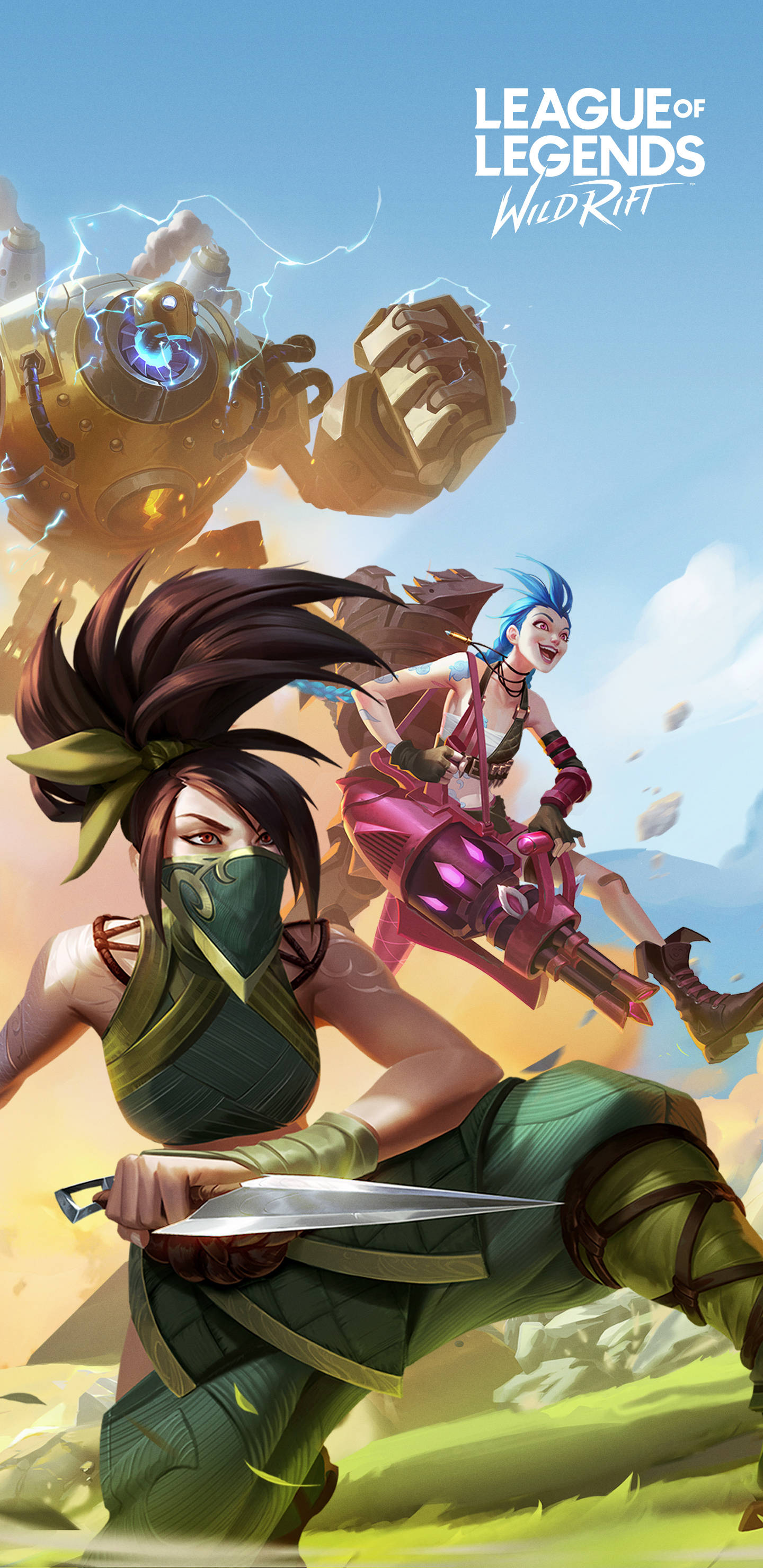 Jinx、Blitzcrank與Akali LoL Wild Rift 壁紙 — 兩個《英雄聯盟》角色在明亮的藍天下與一個巨大的機械怪物戰鬥。