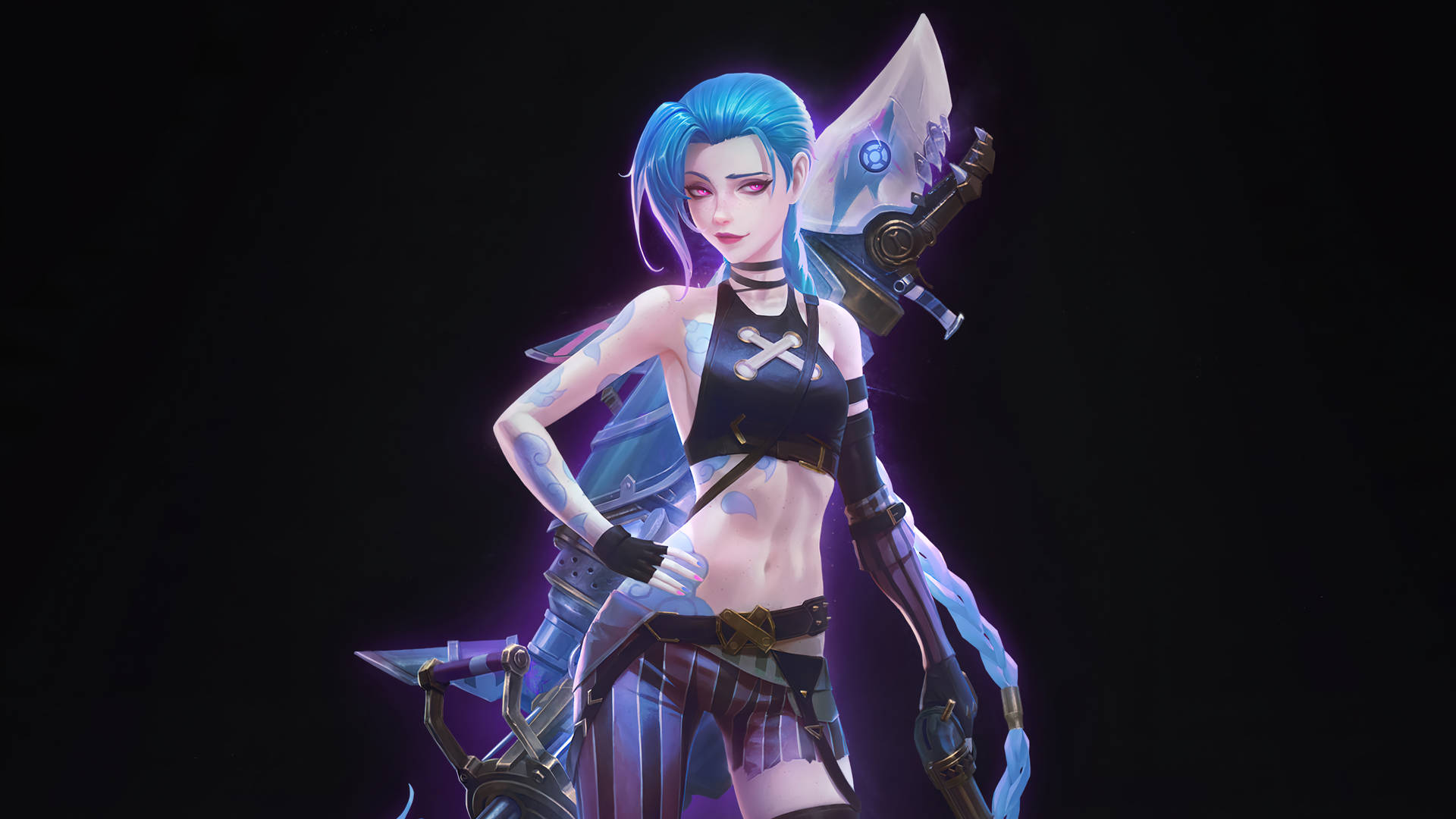 動漫女性戰士，藍髮，發光武器，黑暗環境
