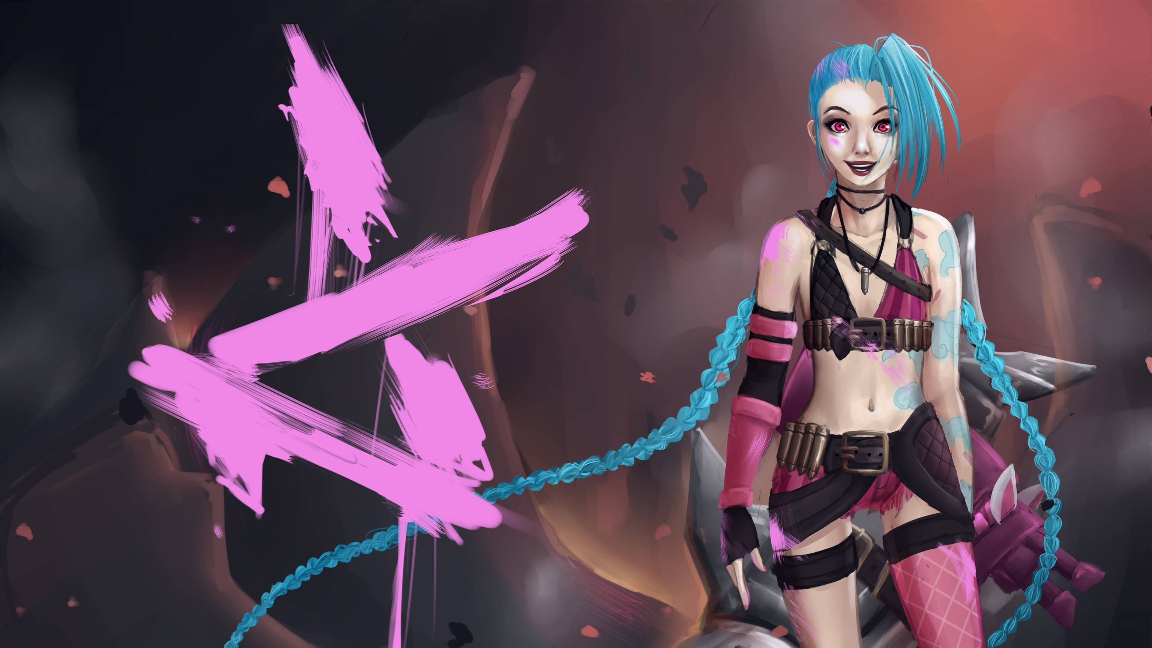 Jinx 數位藝術 壁紙 — 一個風格化的動漫角色，藍色頭髮和粉紅色點綴，自信地站在黑暗背景前，背景是充滿活力的筆觸藝術。