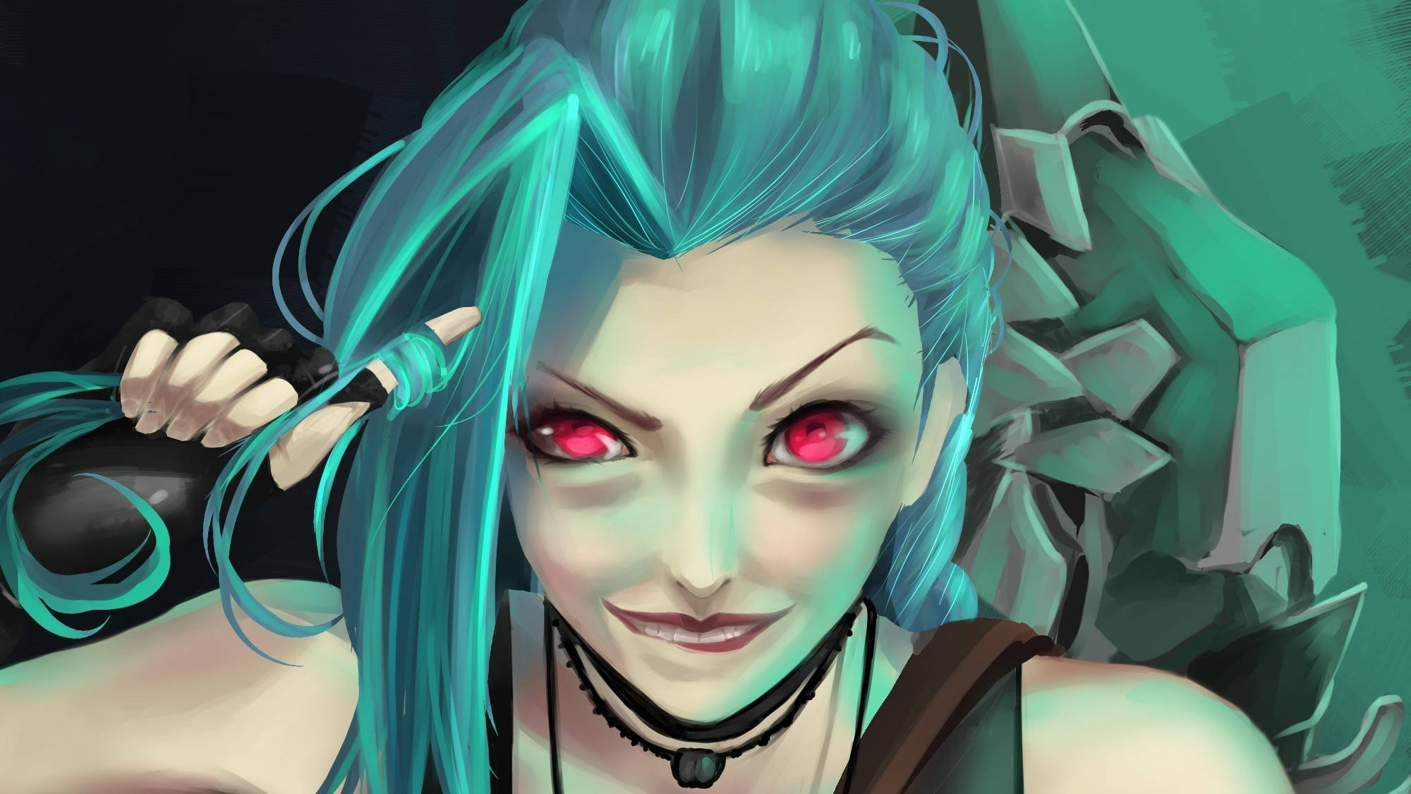 Jinx 紅眼造型 壁紙 — 一個數碼藝術肖像，描繪一位兇猛嘅動漫女孩，擁有發光嘅紅眼睛同綠松石色頭髮，手持武器。