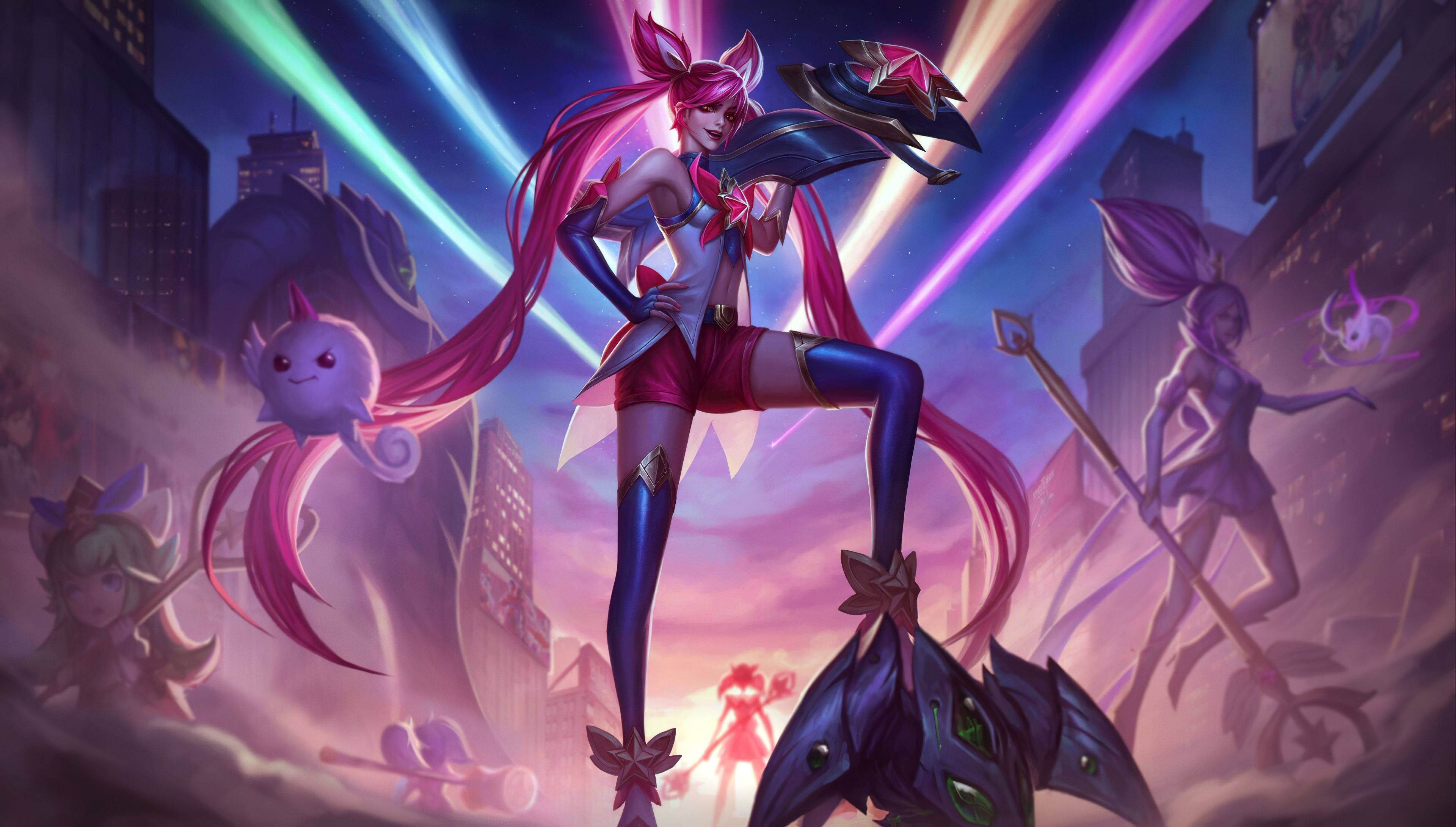 Jinx 與星之守護者 壁紙 — 一位充滿活力的動漫風格戰士，擁有粉紅色頭髮和未來裝備，自信地站在霓虹燈照亮嘅城市戰場上。