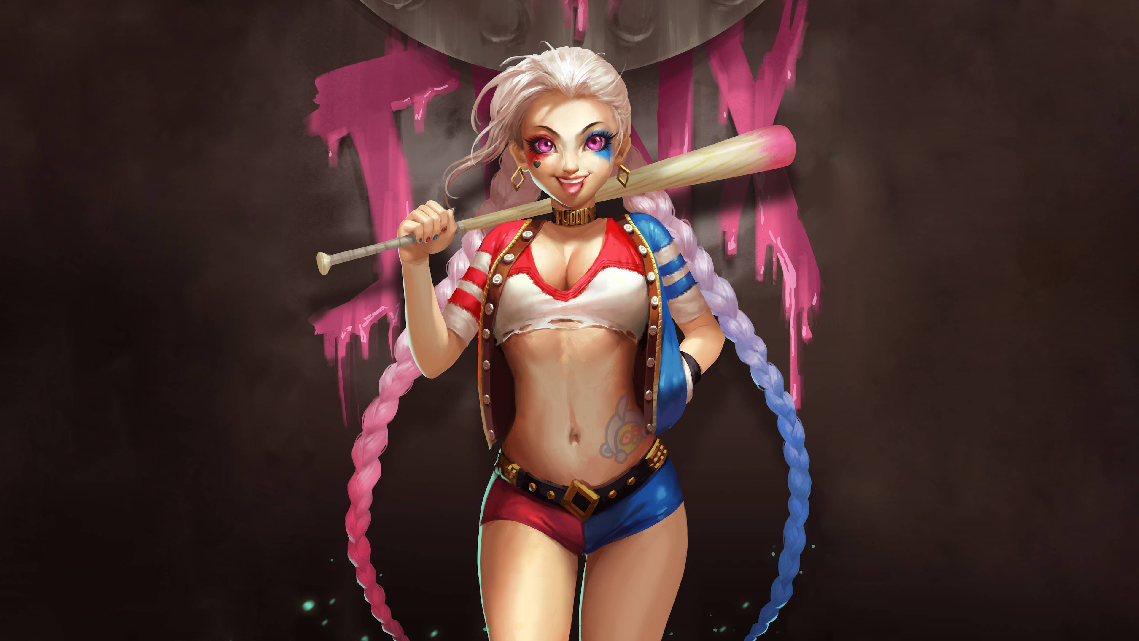 Jinx《英雄聯盟》酷炫造型 壁紙 — 一個充滿活力的動漫風格小丑女，粉藍雙馬尾，在黑暗背景上帶有粉紅色塗鴉，手持棒球棍。