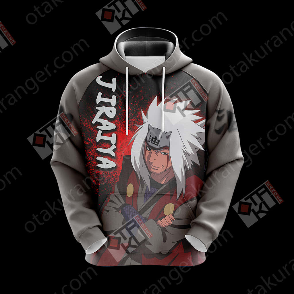 火影忍者鳴人角色Jiraiya連帽衫設計 壁紙 — 灰色連帽衛衣印有動畫角色自來也的醒目3D圖案，白色刺蝟頭和紅色潑濺背景。