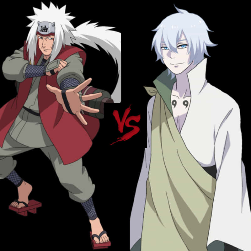 Jiraiya對決水月動畫對決場景 壁紙 — 兩個動漫忍者以戲劇性的對決姿勢面對面，背景為黑色，帶有紅色「VS」文字。