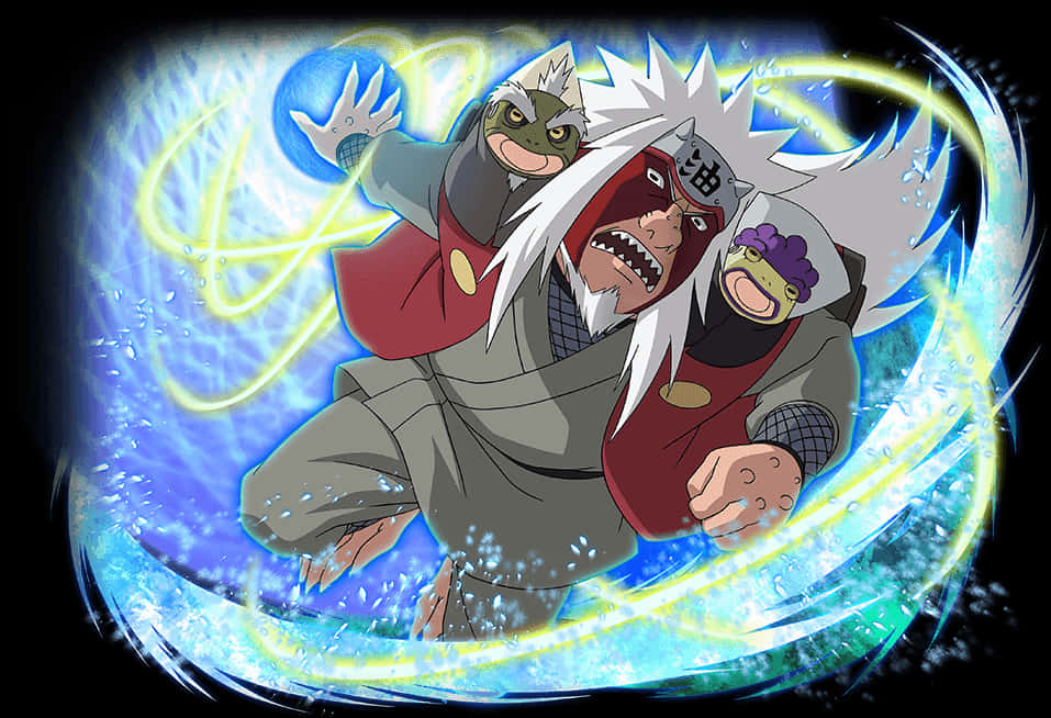 火影忍者Jiraiya與蛤蟆藝術圖 壁紙 — 一位白髮動漫忍者與兩隻青蛙召喚物釋放出旋轉的藍色和黃色能量攻擊。