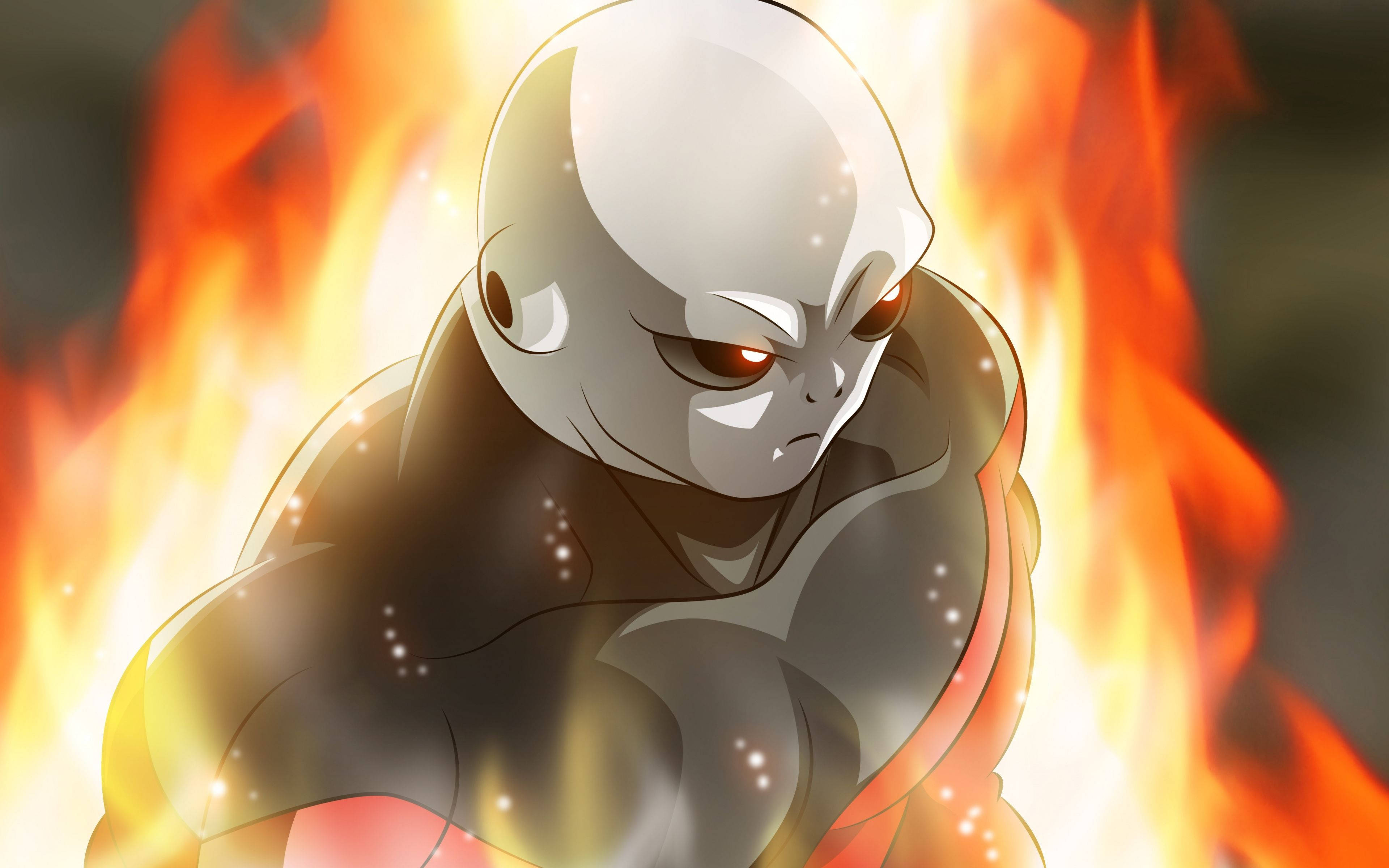 Jiren 火之動漫 壁紙 — 一個光頭動漫角色，擁有發光的紅色眼睛和肌肉發達的身材，挑釁地站在咆哮的橙色火焰中。