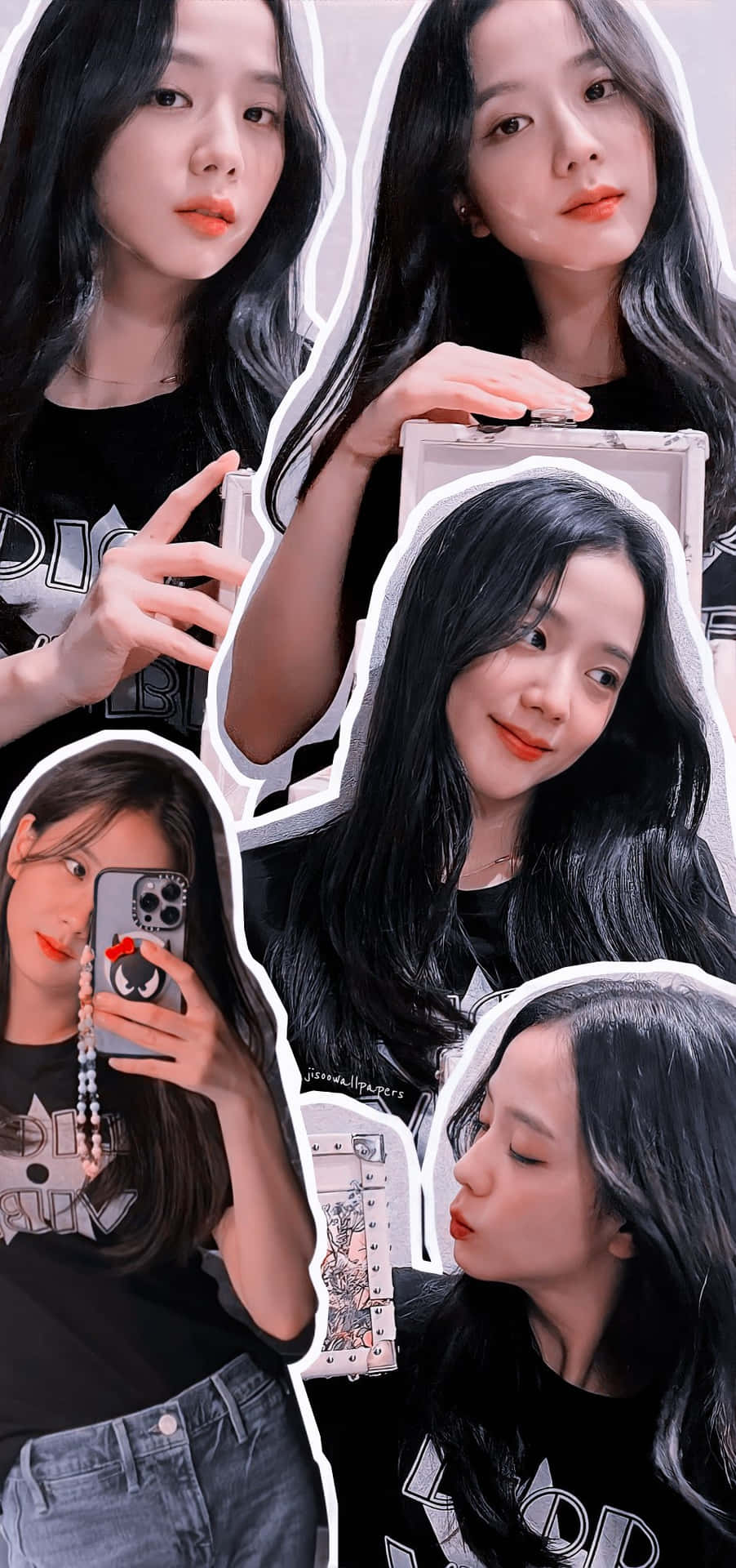 Jisoo BLACKPINK 拼貼壁紙 壁紙 — 一個充滿活力的拼貼畫，描繪一位長黑髮的年輕女性，以鮮豔橙色嘴唇和黑色圖案T恤擺出多個自拍姿勢。