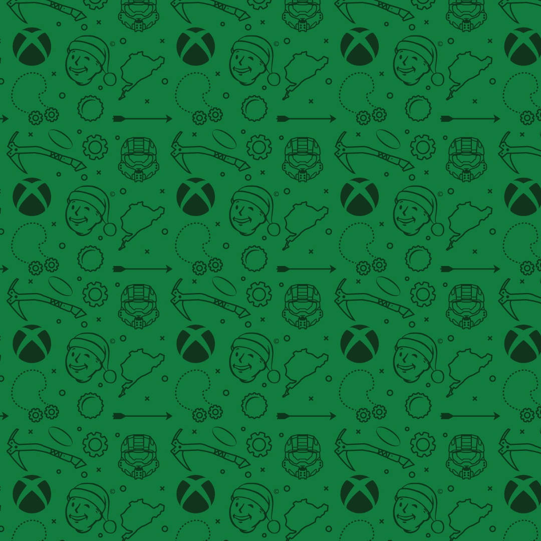 帶有Xbox標誌、Vault Boy和Halo符號的綠色節日遊戲圖案