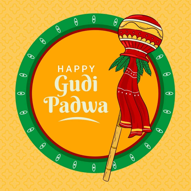 Happy Gudi Padwa節日祝福，配有裝飾旗幟和圓形設計。