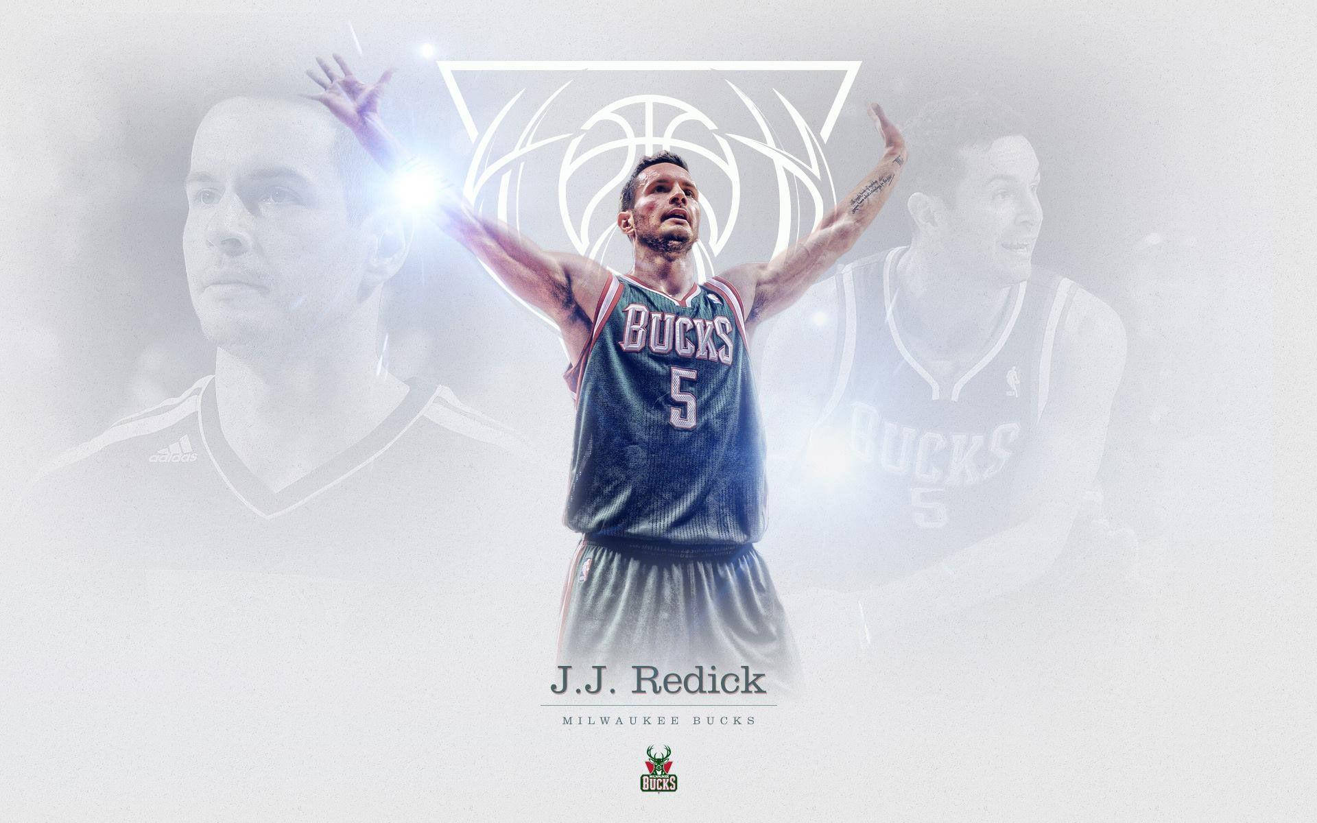 Jj Redick 白色海報 壁紙 — J.J. 雷迪克身穿密爾沃基公鹿隊球衣，高舉雙臂慶祝勝利，背景為發光的白色和褪色的隊友剪影。