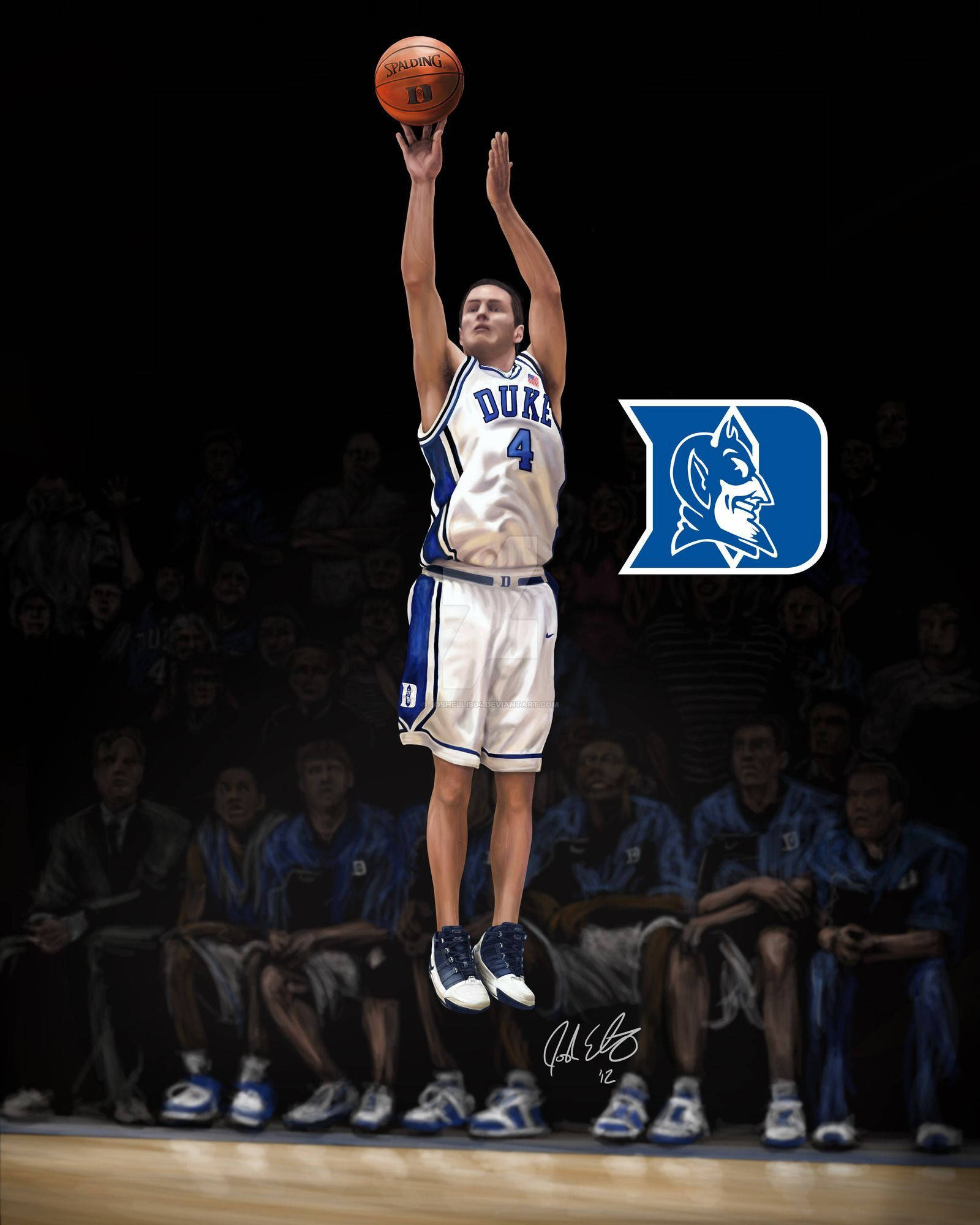 Jj Redick 跳投瞬間 壁紙 — 一位杜克籃球運動員在半空中投籃，背景有隊友和標誌。