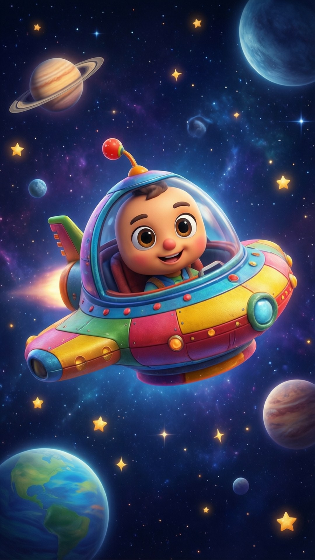 一個小孩在色彩繽紛的太空船中，與行星和星星一起在太空飛行