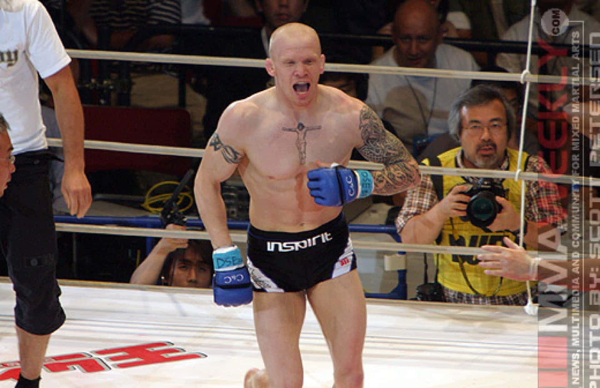 Joachim Hansen Pride Bushido 8 比賽後 壁紙 — 一位光頭紋身拳擊手在拳擊台上戴著藍色手套和黑色短褲，發出勝利的咆哮。