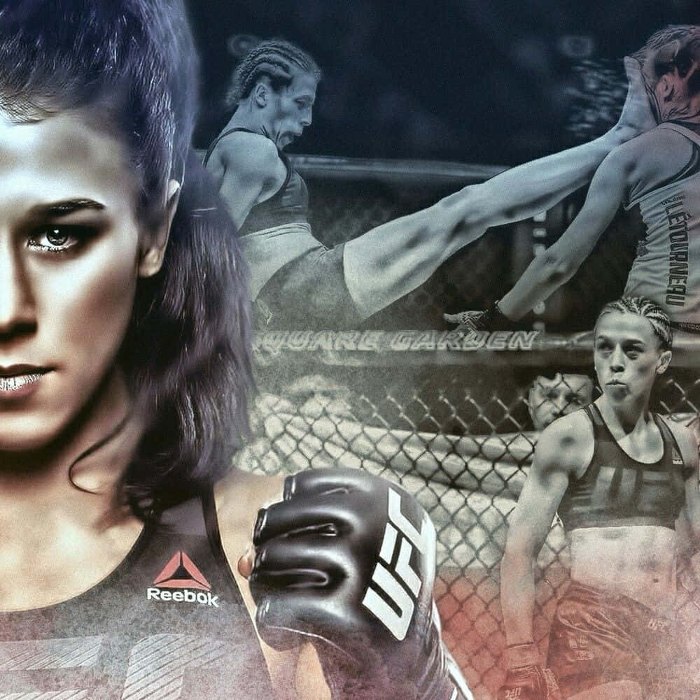 身穿UFC裝備嘅女MMA拳手，背景係八角籠動作相片。