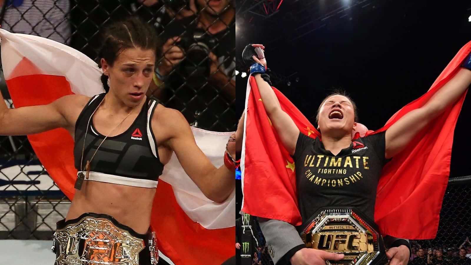 兩名女性MMA冠軍在八角籠中手持旗幟和腰帶慶祝勝利。