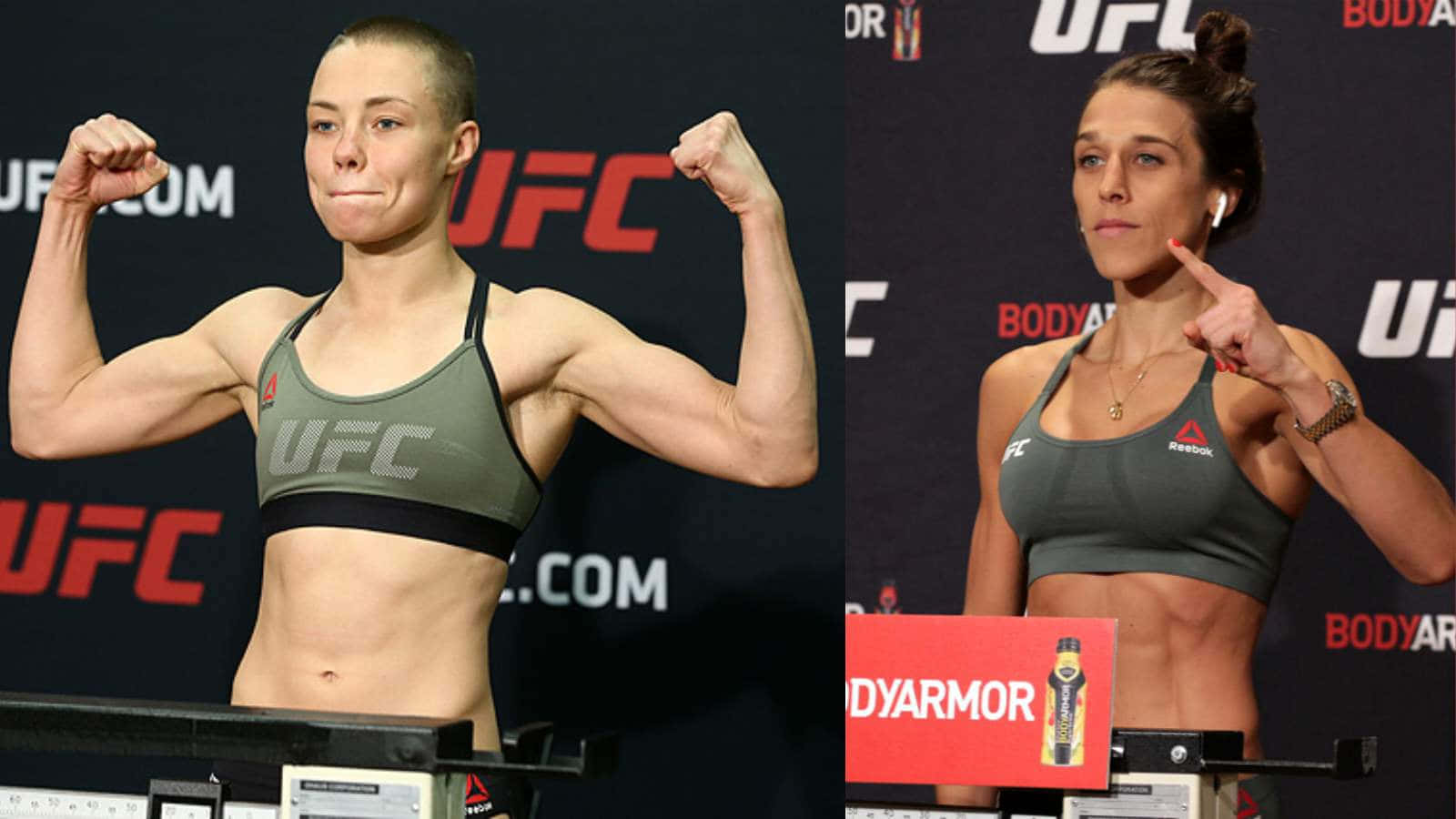 兩名女性UFC拳手在稱重活動中擺姿勢。