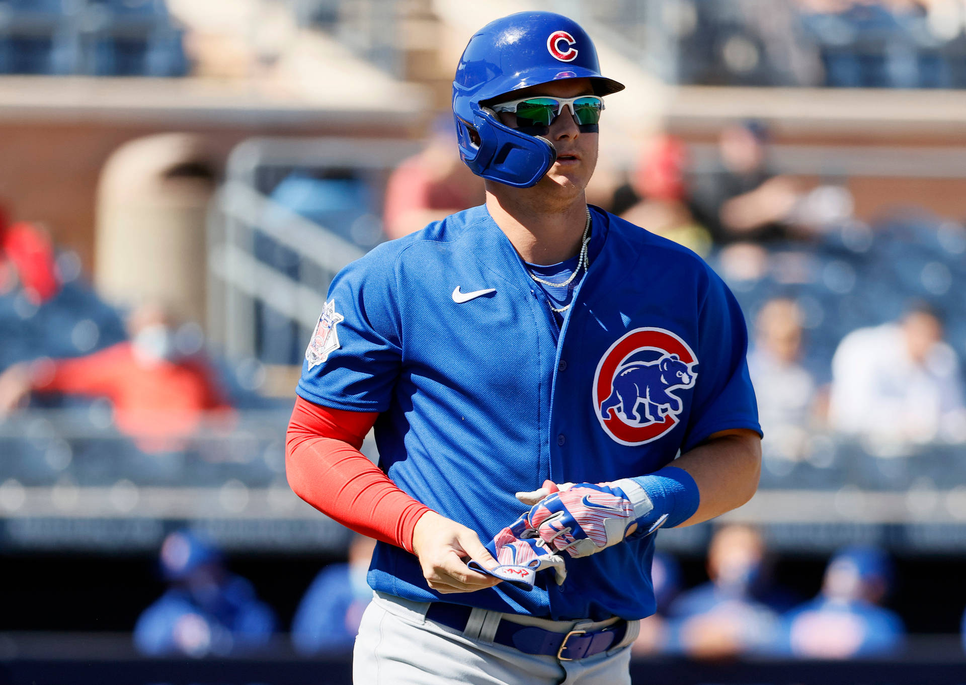 Joc Pederson 身穿藍色小熊隊球衣 壁紙 — 一位芝加哥小熊隊棒球運動員身穿藍色制服和頭盔，在陽光明媚的球場上行走，手持打擊手套。