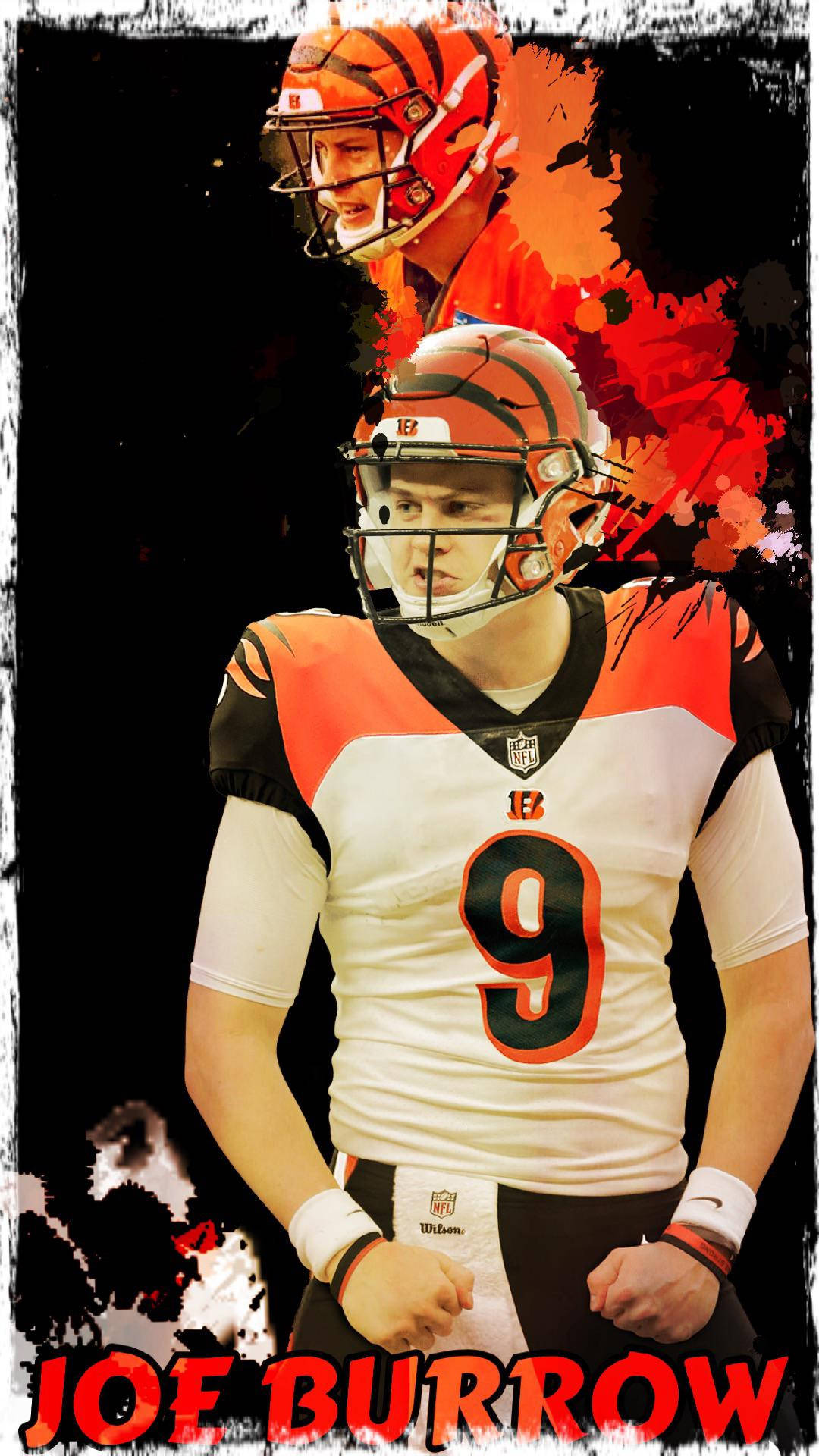 Joe Burrow Bengals 藝術編輯 壁紙 — NFL四分衛喬·伯羅身穿辛辛那提猛虎隊球衣的動態數碼藝術肖像，背景為火熱的橙色和黑色潑濺效果。