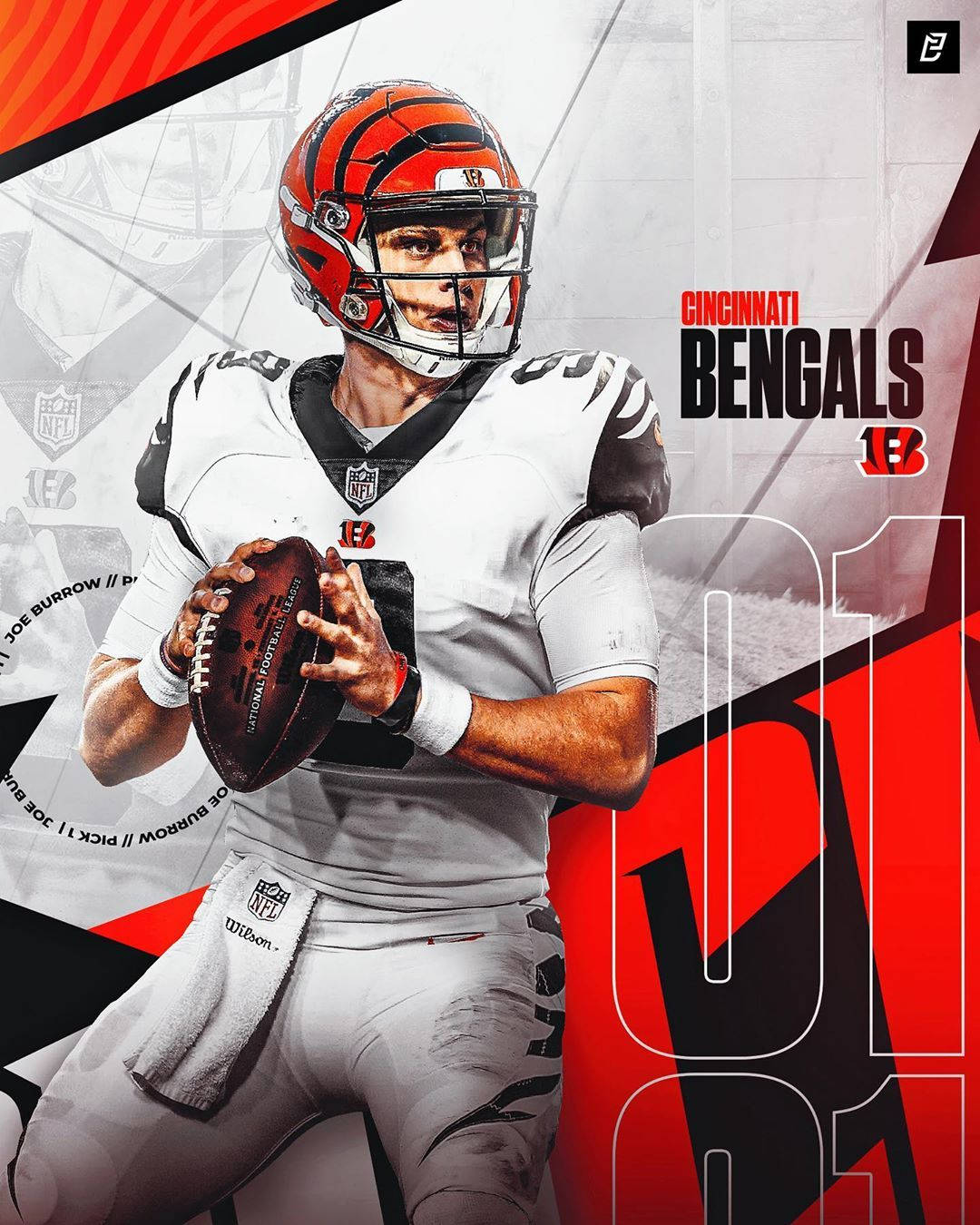 Joe Burrow Cincinnati Bengals 海報 壁紙 — 辛辛那提猛虎隊的四分衛身穿白色球衣，在鮮明的紅灰圖形背景前手持橄欖球。