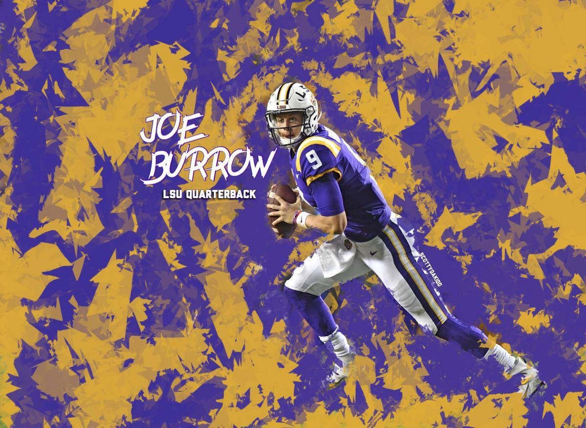 Joe Burrow LSU 四分衛 壁紙 — 一幅動態的數位藝術插圖，描繪LSU四分衛喬·伯羅正在投球，背景是充滿活力的紫色和金色抽象圖案。