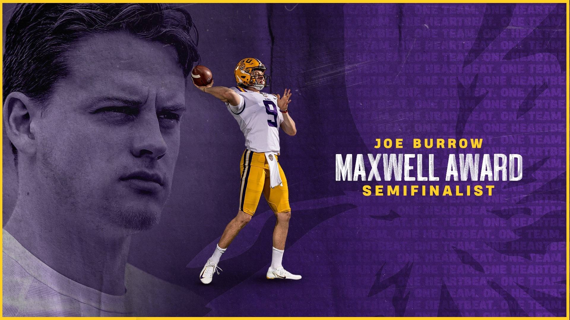 Joe Burrow Maxwell獎項 壁紙 — 一名身穿黃白色球衣的足球運動員在紫色背景前擲球，文字宣佈Joe Burrow為Maxwell Award準決賽選手。