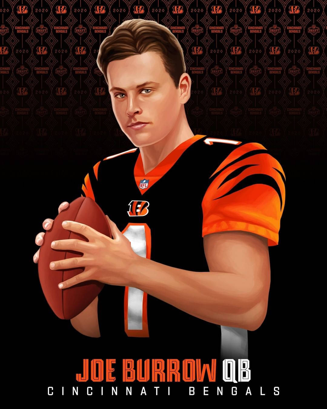 Joe Burrow 印第安納波利斯小馬隊 壁紙 — 喬·伯羅身穿辛辛那提猛虎隊球衣，在圖案背景前手持美式足球的肖像。