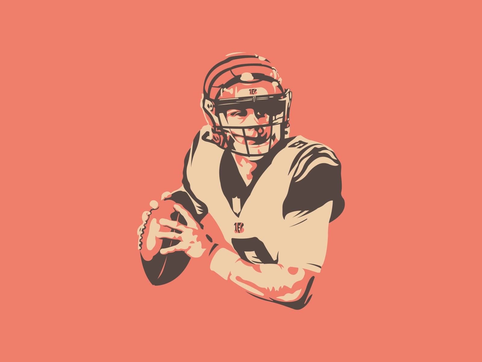 Joe Burrow 數位藝術 壁紙 — 一個風格化的插圖，描繪一名戴頭盔和球衣的美式足球四分衛，在純珊瑚色背景上持球。