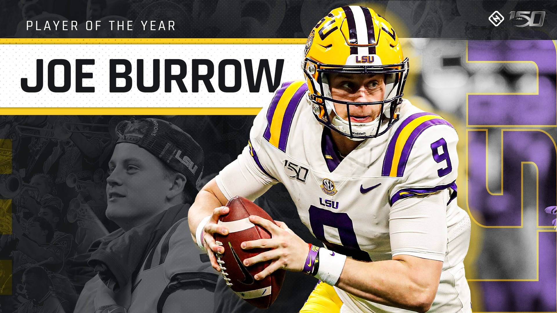 Joe Burrow年度最佳球員 壁紙 — 身穿LSU球衣的四分衛Joe Burrow在動態圖形背景下，以強烈的專注力抓住正在投擲中的橄欖球。