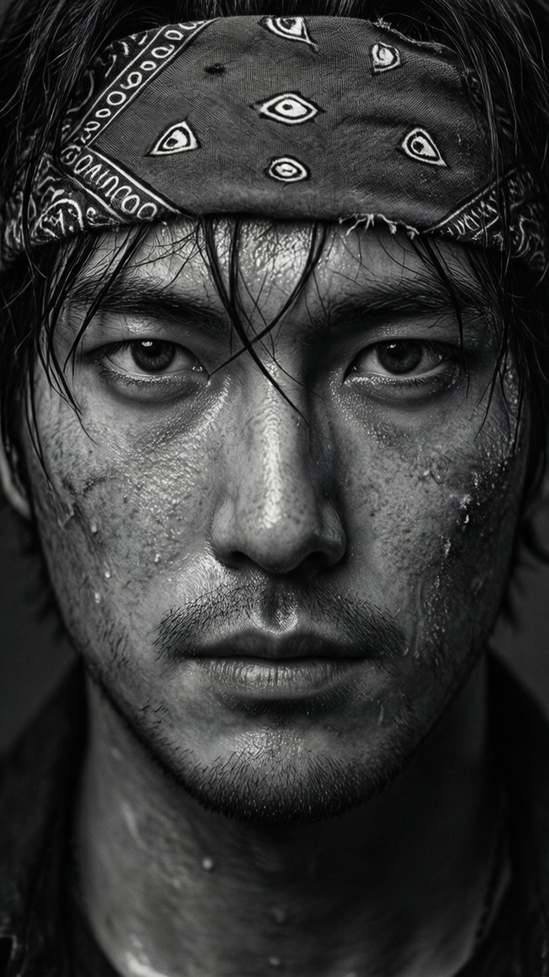 一個汗流浹背的男人戴著圖案頭巾，強烈地看著鏡頭的特寫。