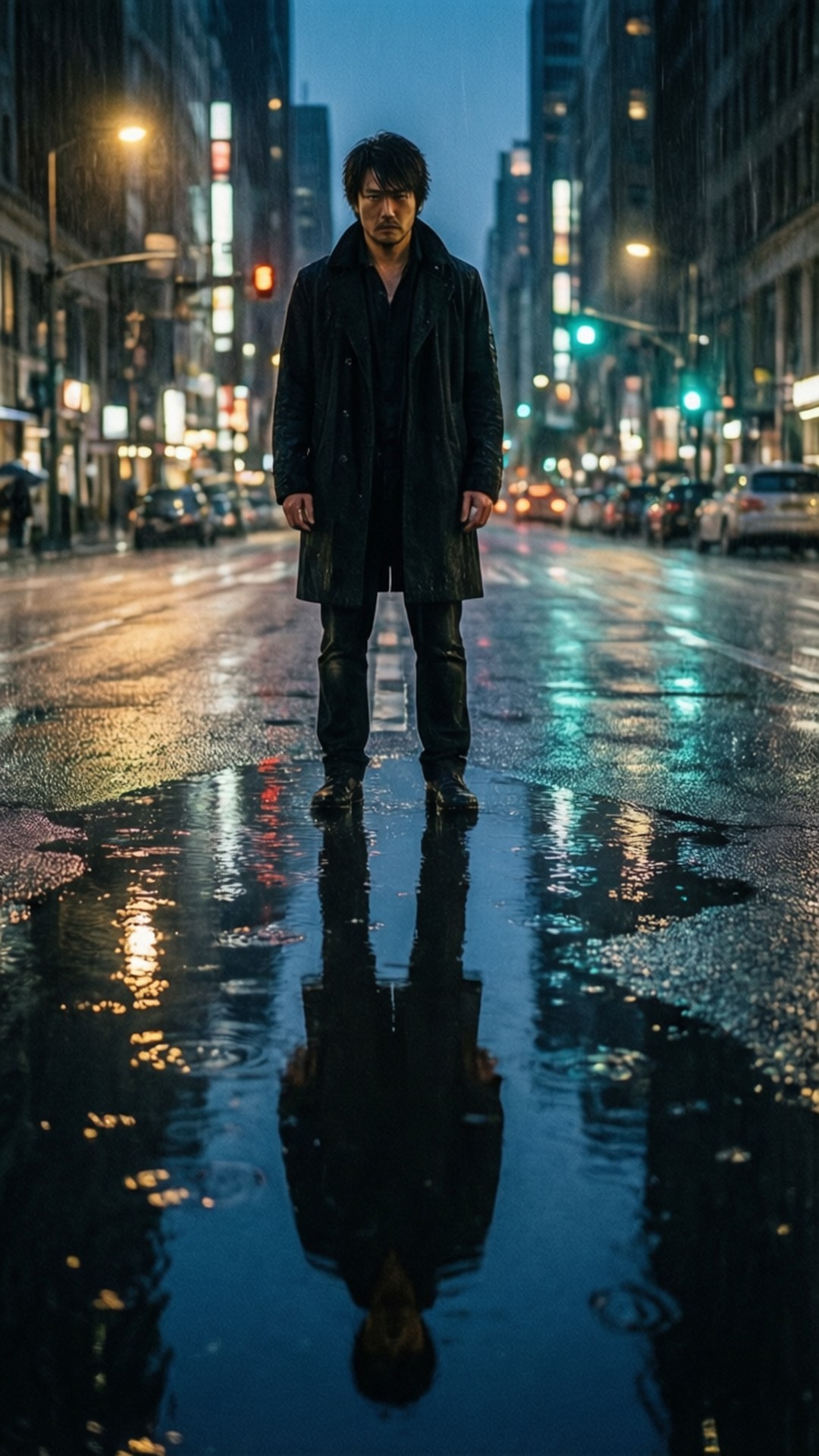 穿著深色外套的男人站在濕漉漉的城市街道上的雨坑中，霓虹燈光在水面反射