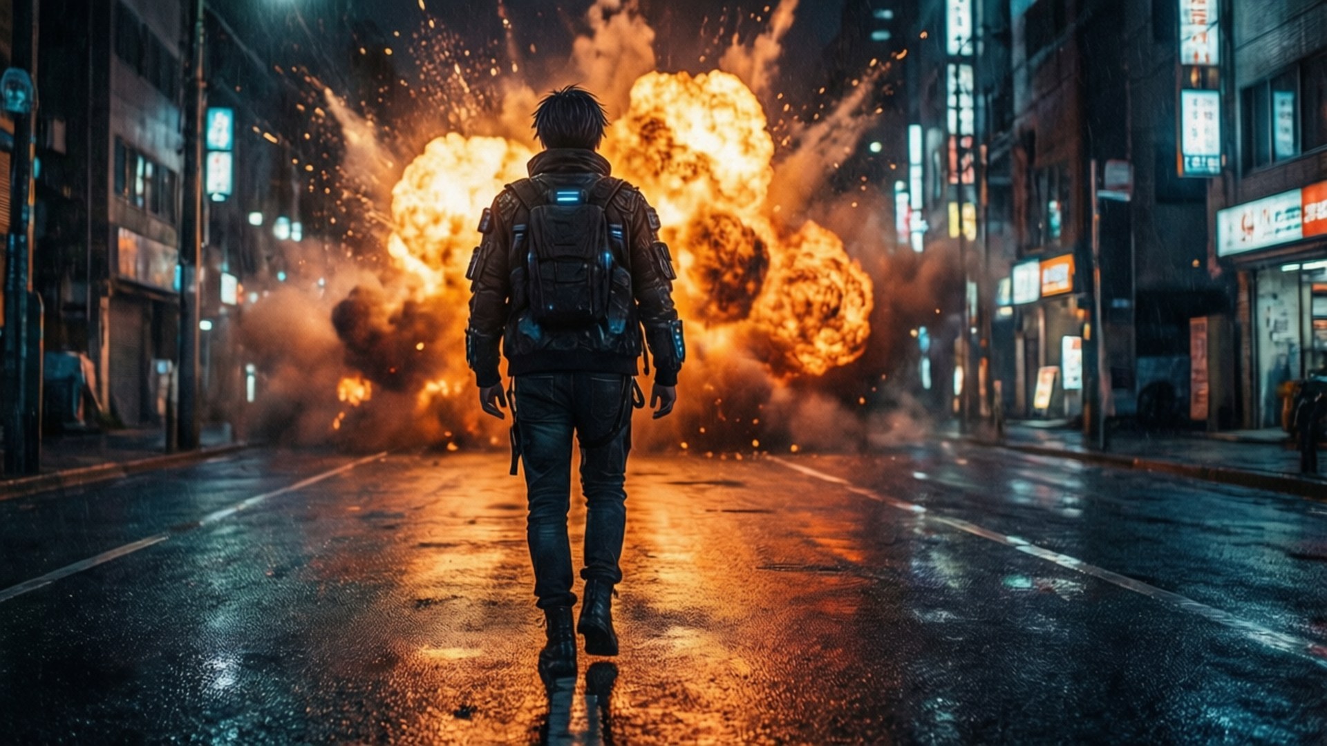 一個穿盔甲的人在雨夜的城市街道上走向爆炸。