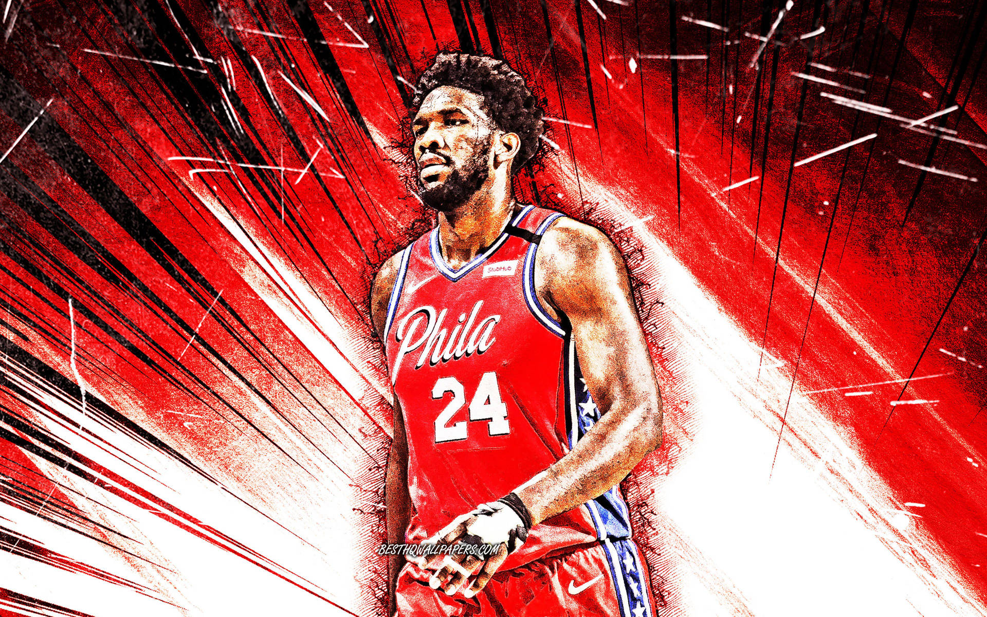 籃球運動員 Joel Embiid 身穿紅色費城 76 人隊球衣，動態紅白背景。