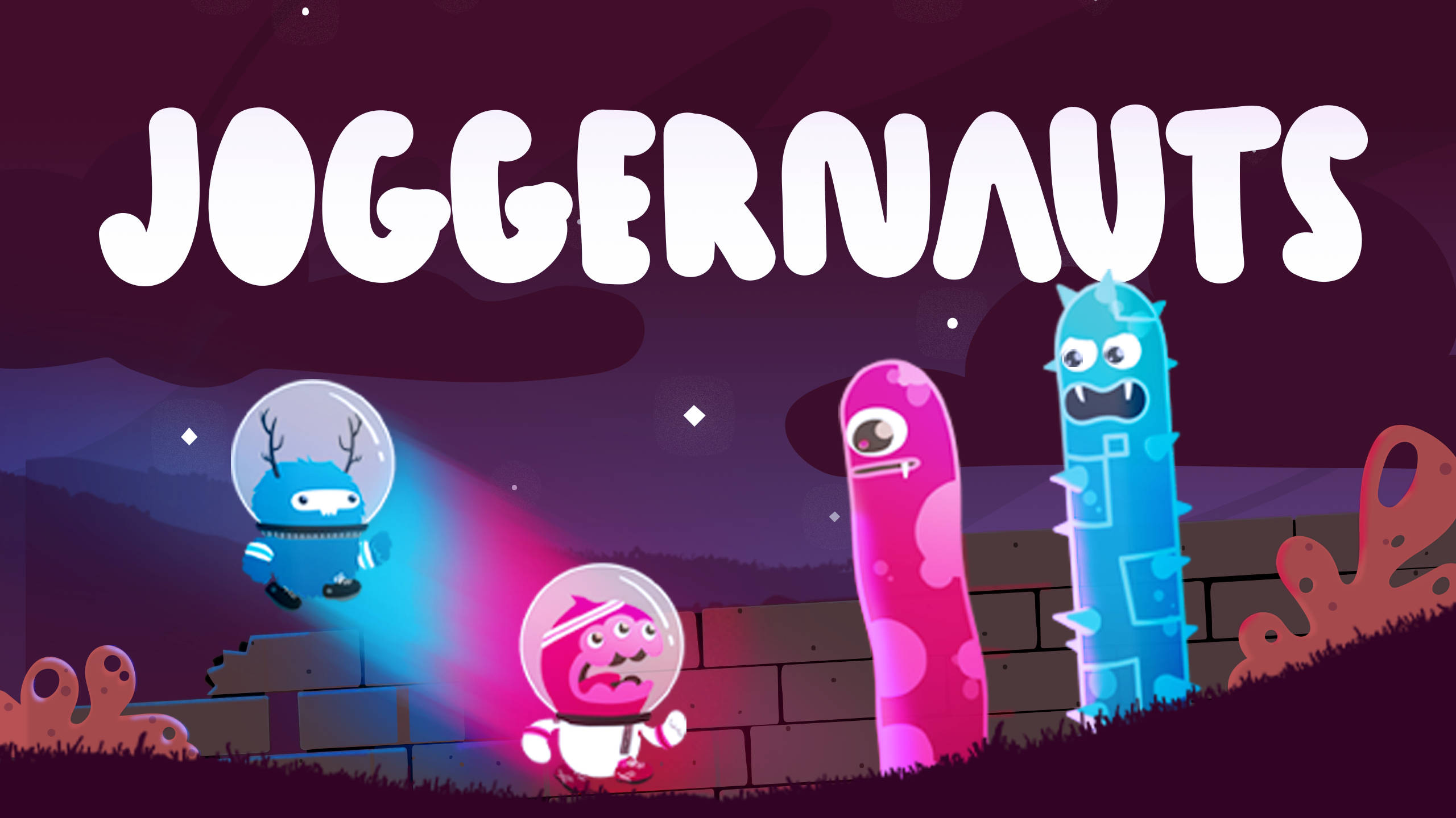 Joggernauts 玩家對抗外星蠕蟲 壁紙 — 兩個戴著泡泡頭盔的卡通太空人在滿天星斗的紫色天空下慢跑經過色彩繽紛的外星生物。