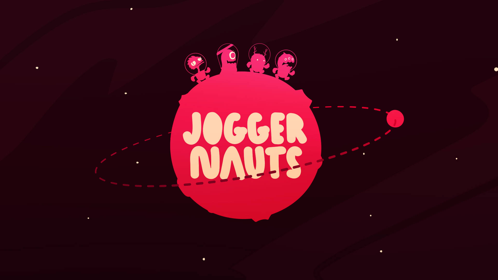 Joggernauts 粉紅行星角色 壁紙 — 四個戴頭盔的卡通太空人站在紅色星球上，'Jogger Nauts' 文字在太空中環繞。