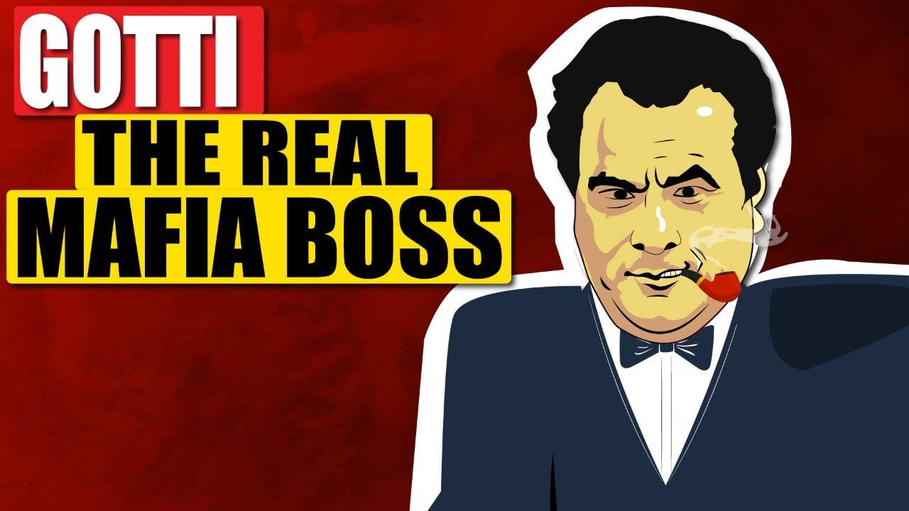 Gotti 桌布 壁紙 — John Gotti 穿著西裝、抽著紅色煙斗的插圖肖像，背景為帶紋理的紅色，並以粗體文字宣稱他為「The Real Mafia Boss」。