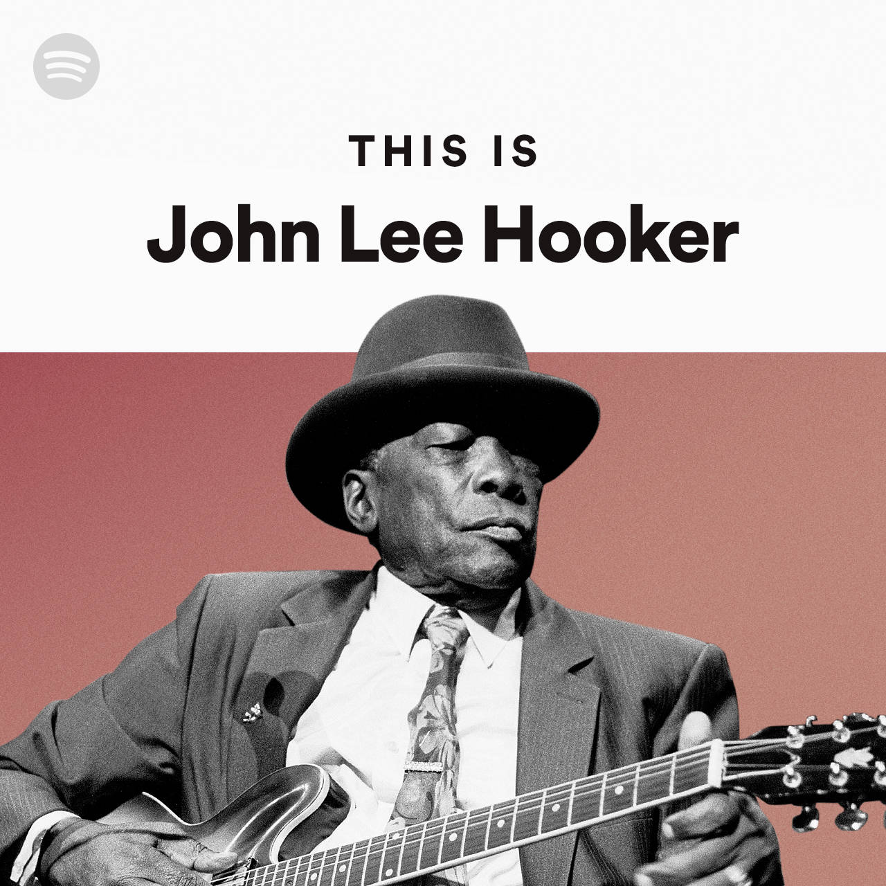 John Lee Hooker Spotify 專輯封面 壁紙 — John Lee Hooker 戴著紳士帽和西裝，在紅白分割的背景上彈結他，並有粗體文字。