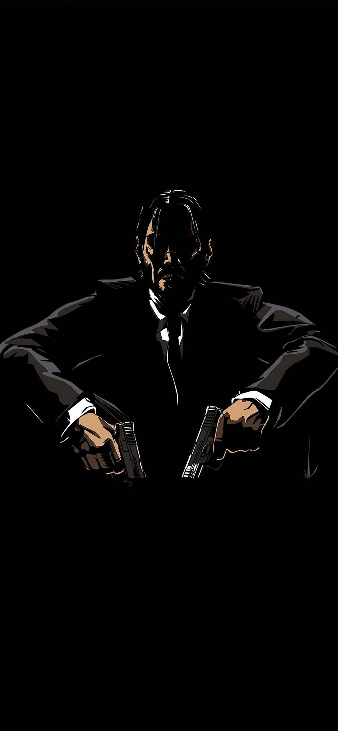 John Wick 向量藝術 iPhone 12 壁紙 — 一個暗淡燈光的插圖男子穿著西裝，手持兩把手槍，背景為黑色，帶有戲劇性的陰影。