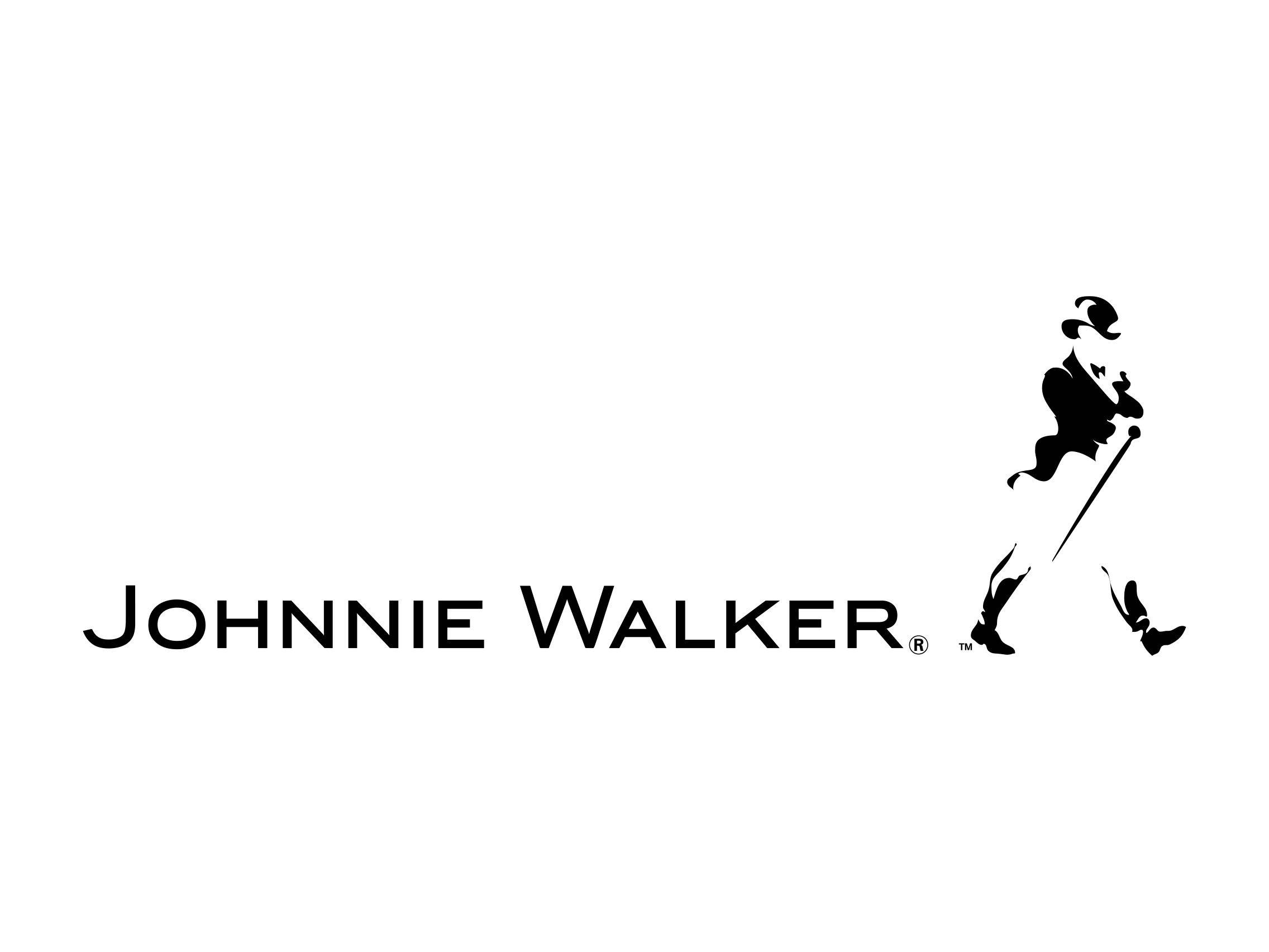 Johnnie Walker品牌純白負空間標誌 壁紙 — 白色背景上，一個拄著拐杖行走的男人黑色剪影，旁邊是粗體的Johnnie Walker文字。
