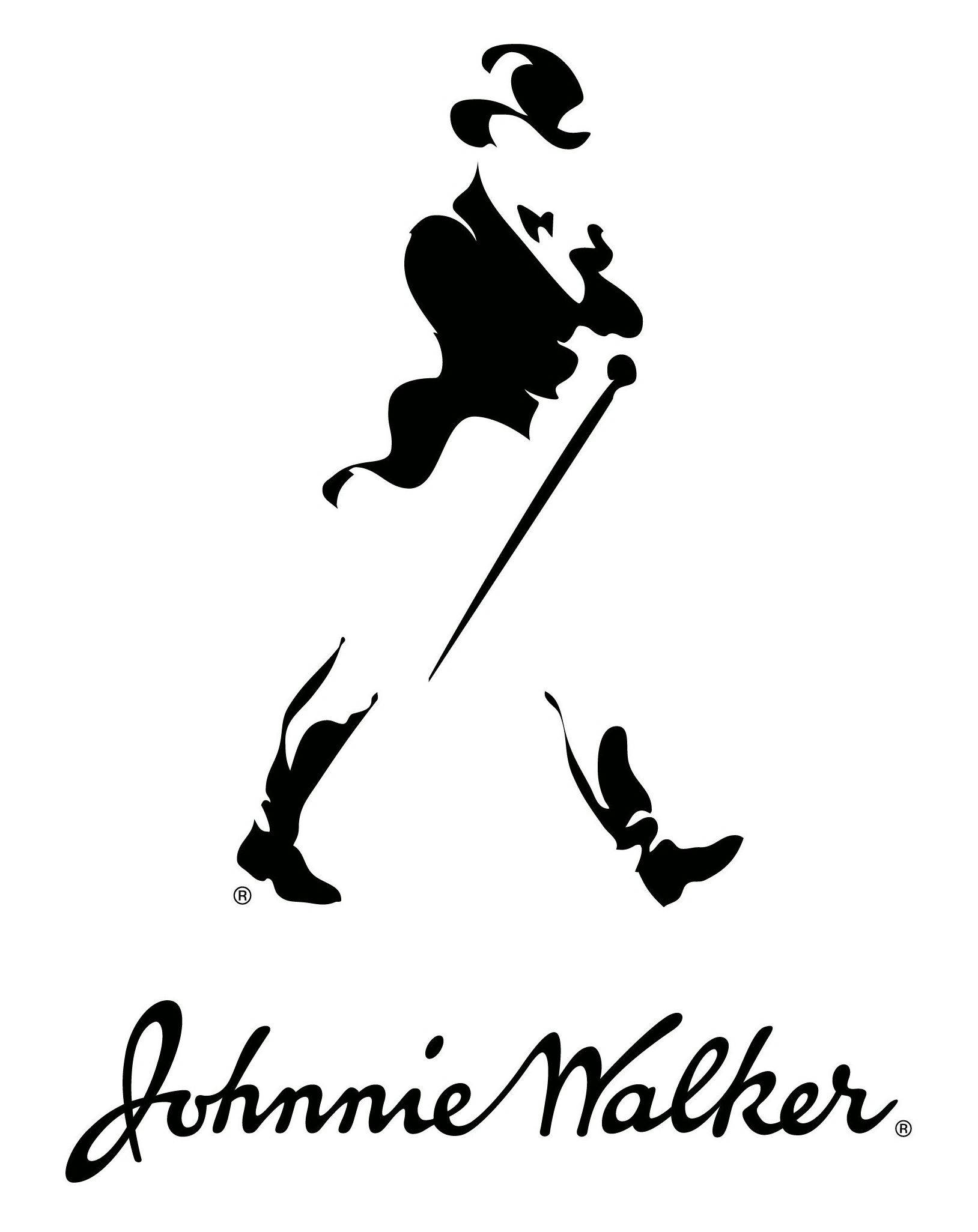 Johnnie Walker經典標誌於黑色背景 壁紙 — 一個戴高帽、持手杖的男性大膽黑色剪影，在純白背景上自信地邁步，下方有「Johnnie Walker」字樣。